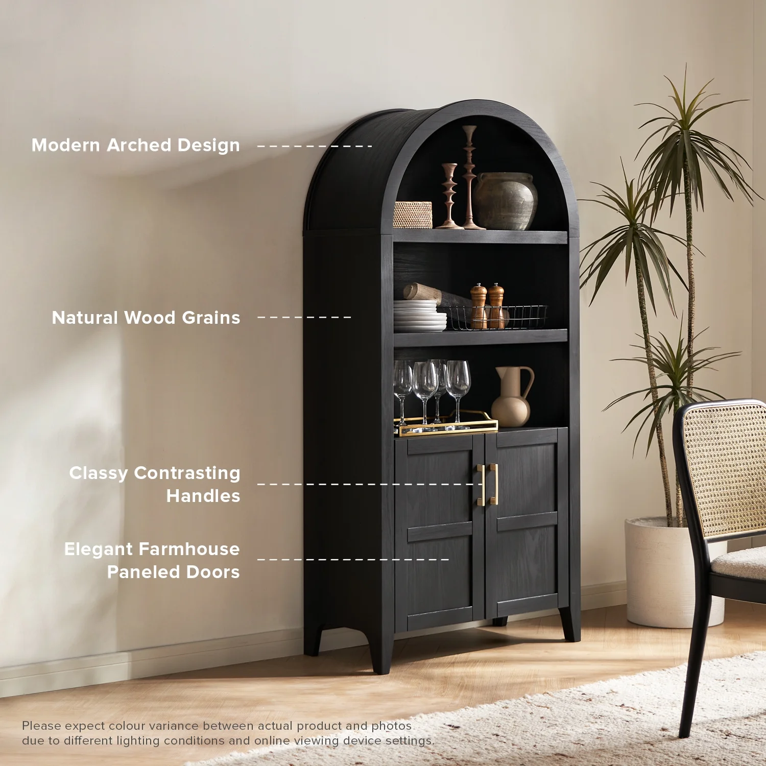 mopio Lauren 65.4" Arched Cabinet, 5-Tier Arched Bookcase with Doors and Shelves, Arched Bookshelf with Storage, Kitchen Pantry Cabinet, Wooden Storage Cabinet for Living Room, Kitchen (Oak) - Image 16