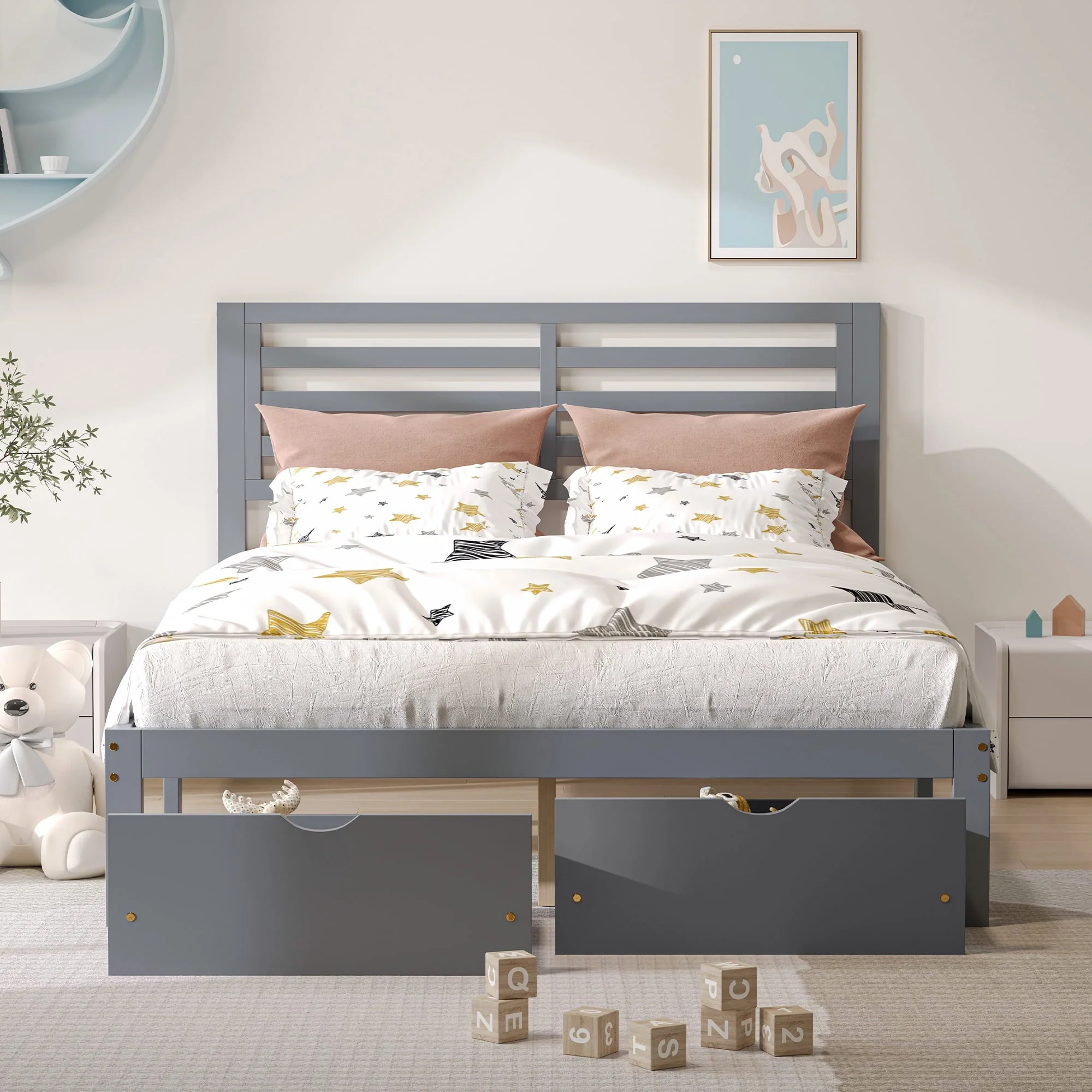Platform Bed Frame Storage Bed with Headboard, Pine Wood Full Bed Frame for Bedroom, Modern Full Size Bed Frame with Drawers, Wood Slats Support, Holds 400 lb, No Box Spring Needed, Gray(Twin/Gray)