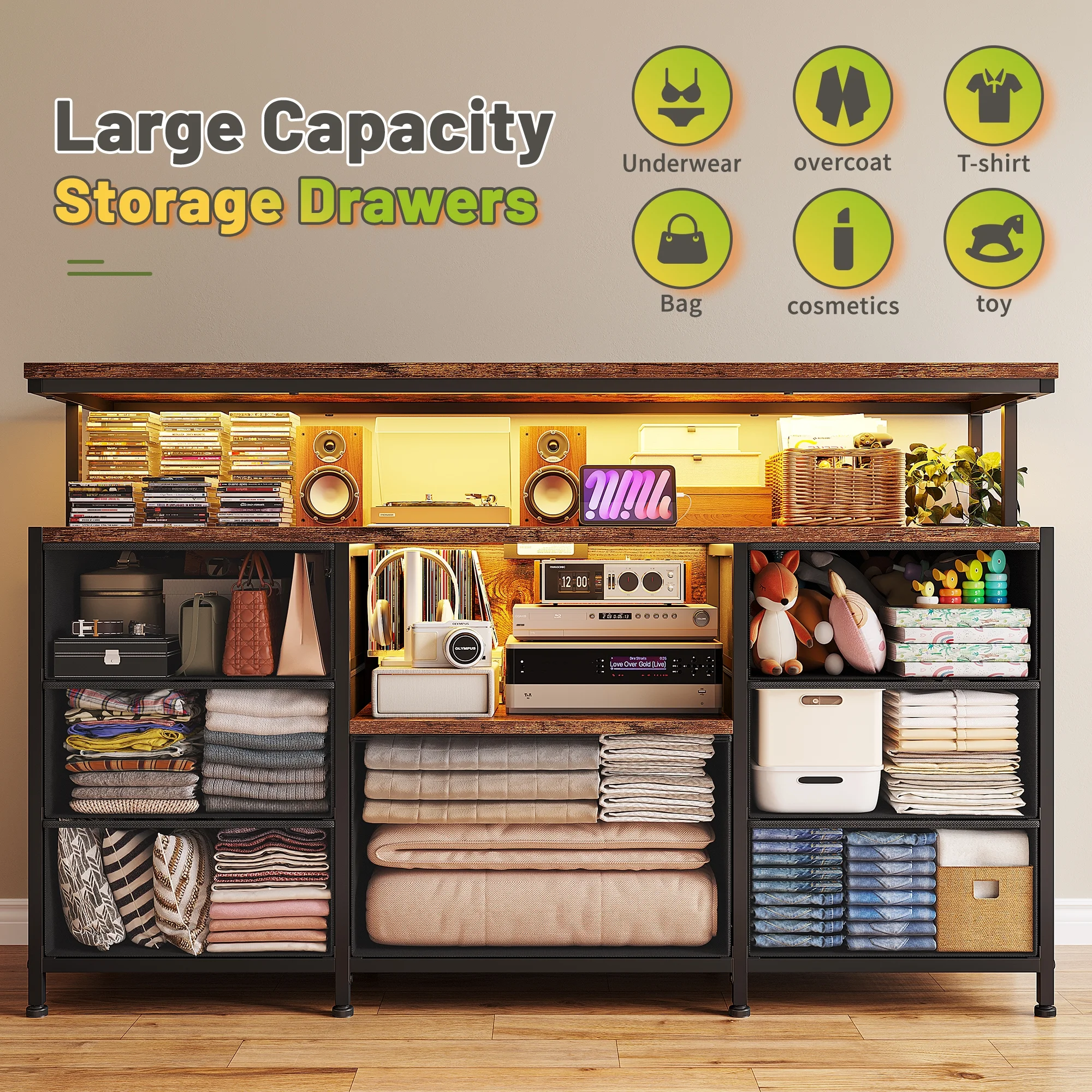 EnHomee Dressers for bedroom TV Stand with Power Outlets &LED Lights Wide Dresser with 10 Drawers&Side Pockets & Hook Fabric Chest of Drawers,Black - Image 13