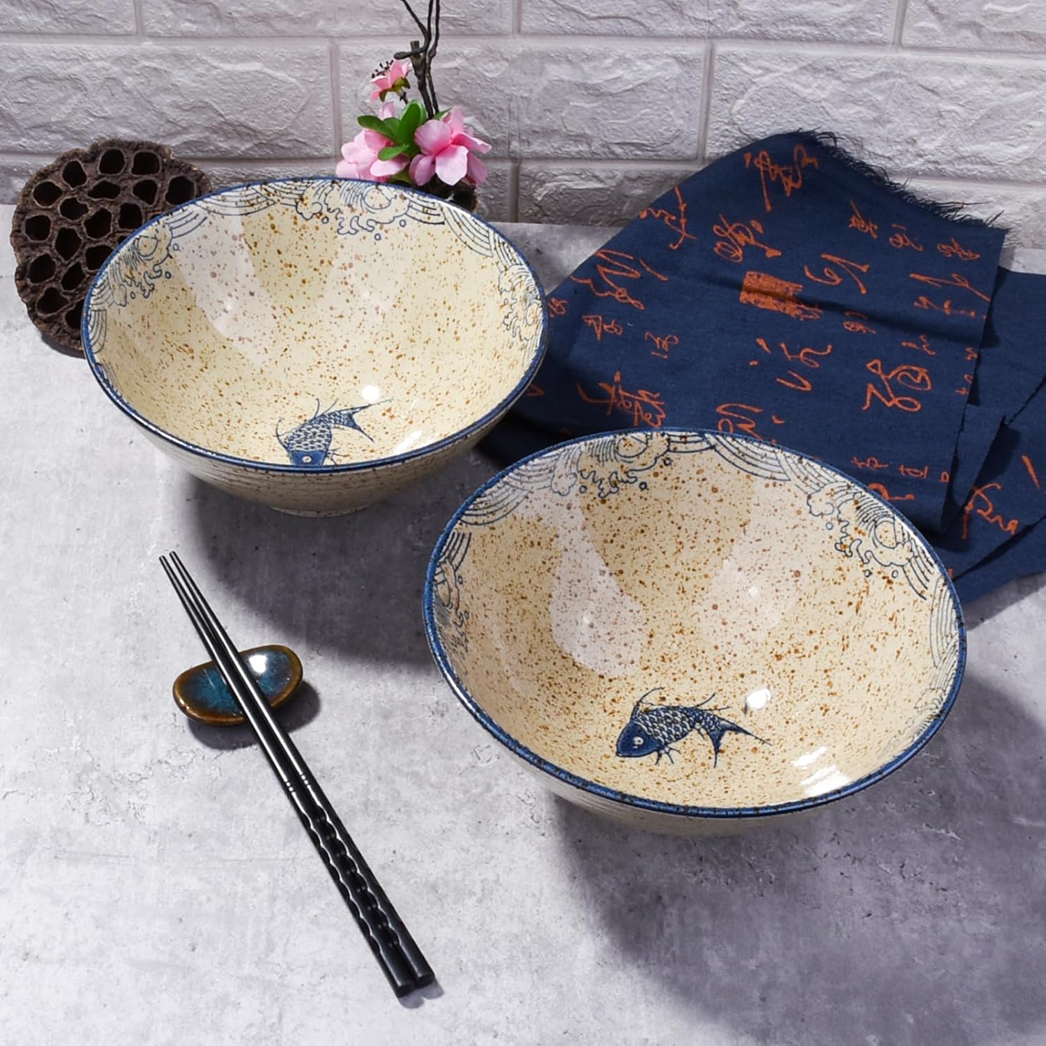 8-inch Ceramic Ramen Bowls with Fish Design, Japanese Style Soup Ramen Noodle Bowls, Set of 2, Dishwasher & Microwave Safe