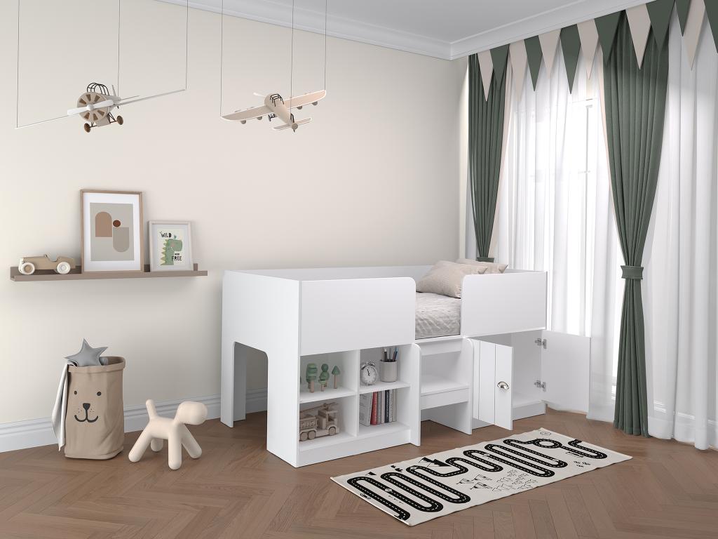 Cama alta con almacenamiento 90 x 190 cm - Color: Blanco - BOUTANIO