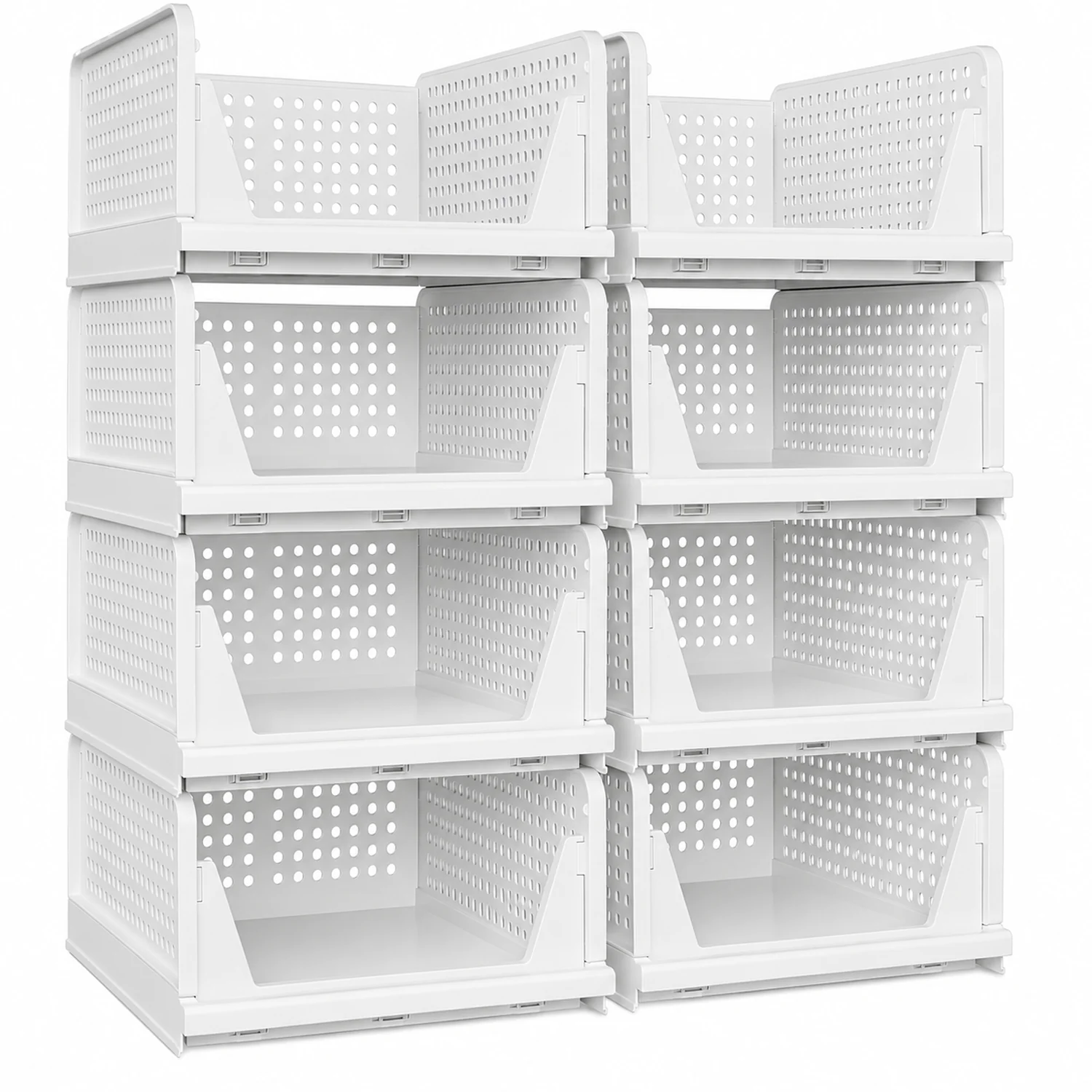 8-Pack Stackable Closet Storage Bins with Pull-Out Rails, White Foldable PP Organizers