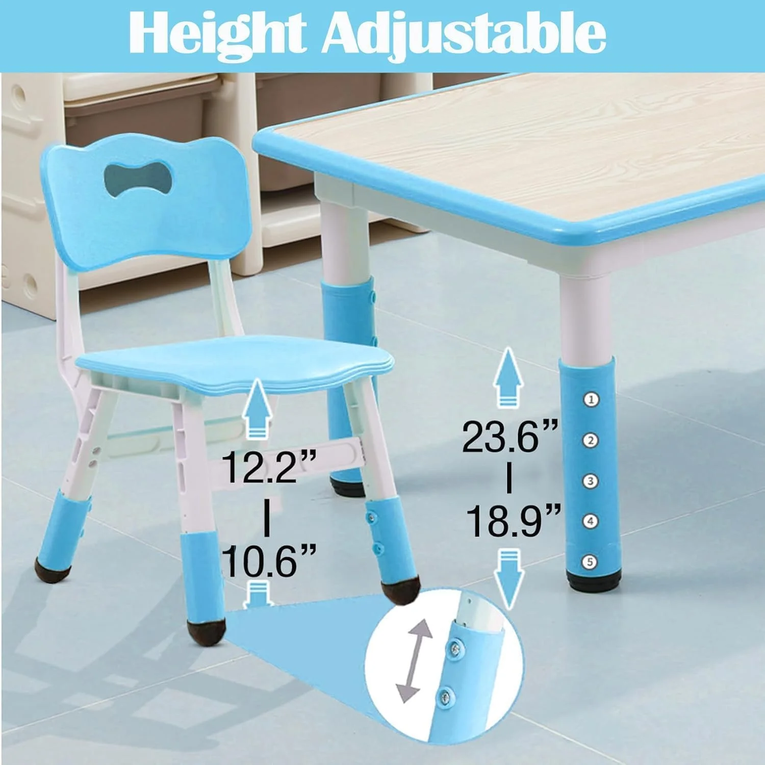 TROPOW Kids Table and Chairs,Height Adjustable Toddler Table and 6 Chair,Multi-Activity Table with Graffiti Desktop Non-Slip Legs for Ages 2-10,Children Activity Table for Daycare,Classroom,Blue - Image 6