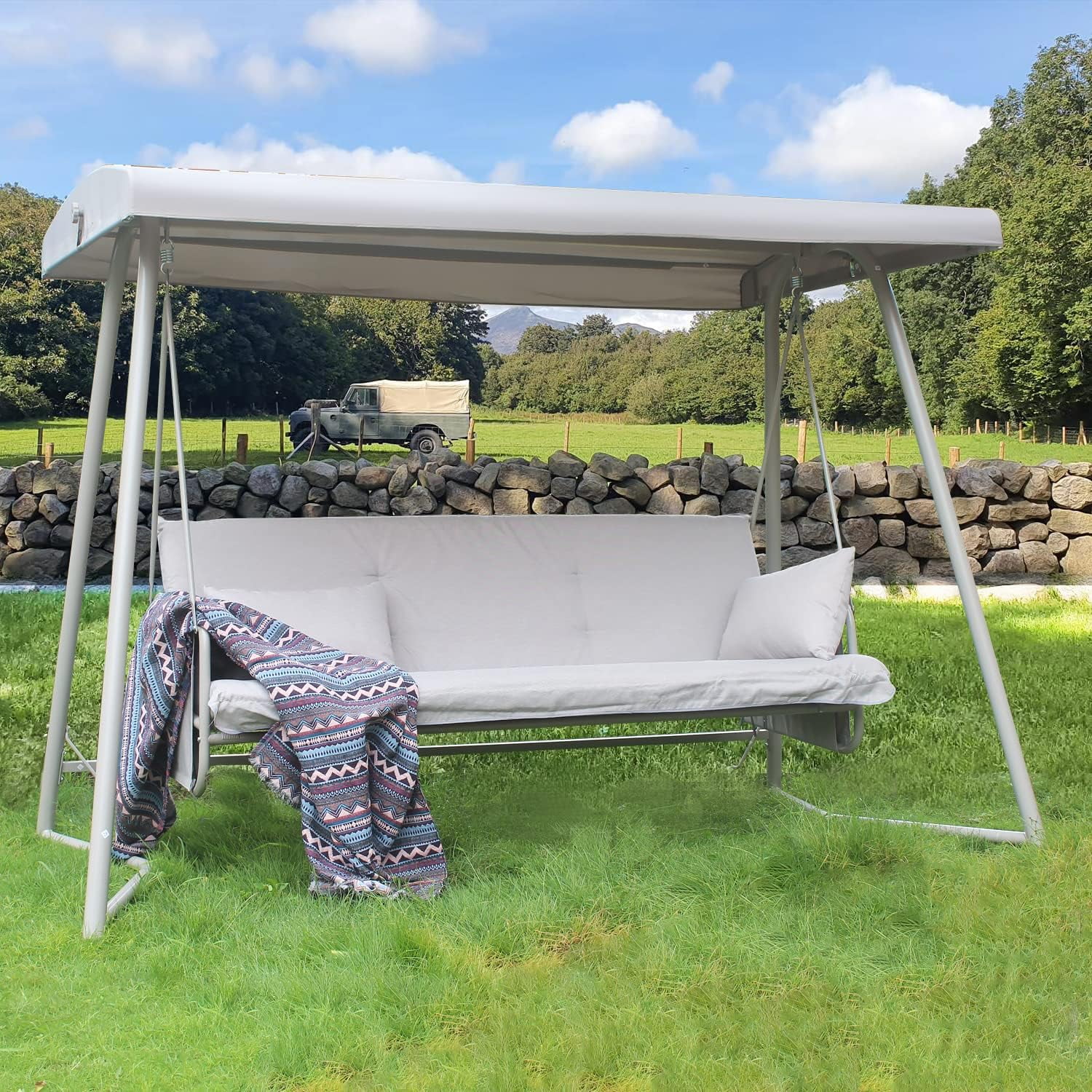 CHINNLUU Oversized 4 Person Porch Swing with Stand 800 LBS Capacity Adjustable Canopy Backrest Includes Cushions Pillows Patio 2 in 1 Swing Bed for Backyard Garden Poolside, Champagne - Image 4