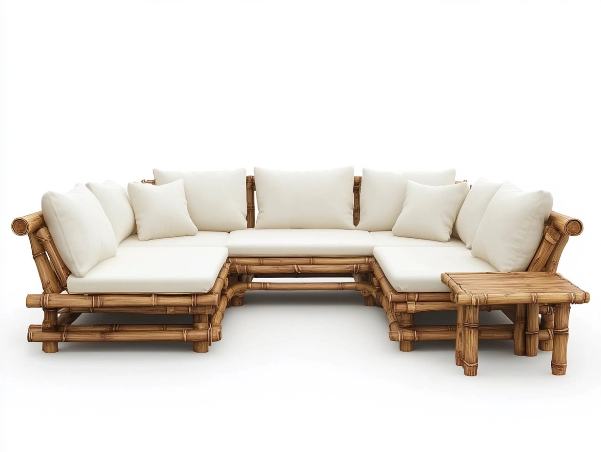 Sofá modular de bambú con cojines blancos