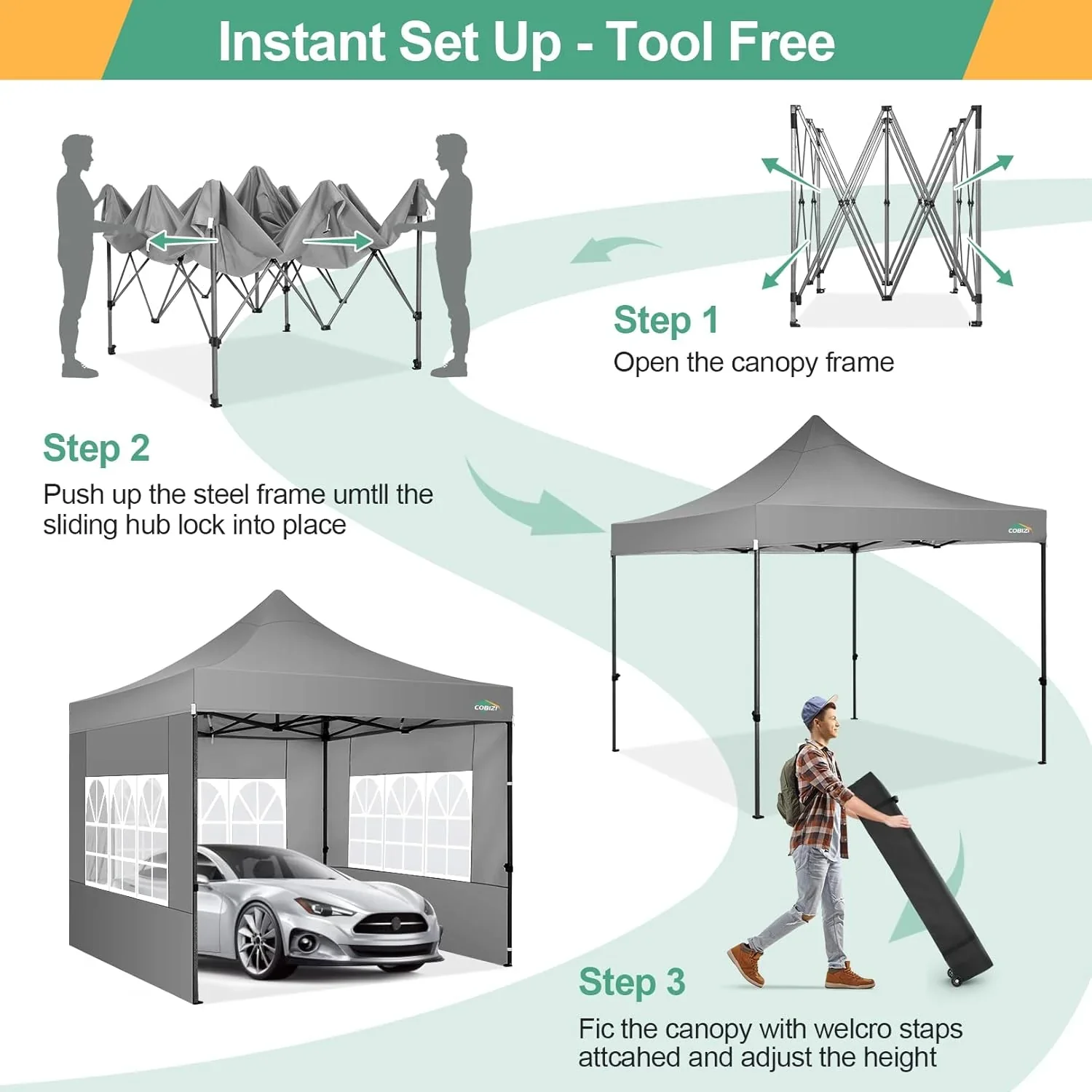 COBIZI 10x20 Heavy Duty Pop up Canopy Tent with 6 sidewalls Easy Up Commercial Outdoor Canopy Wedding Party Tents for Parties All Season Wind & Waterproof Gazebo with Roller Bag,Black(Frame Thickened)