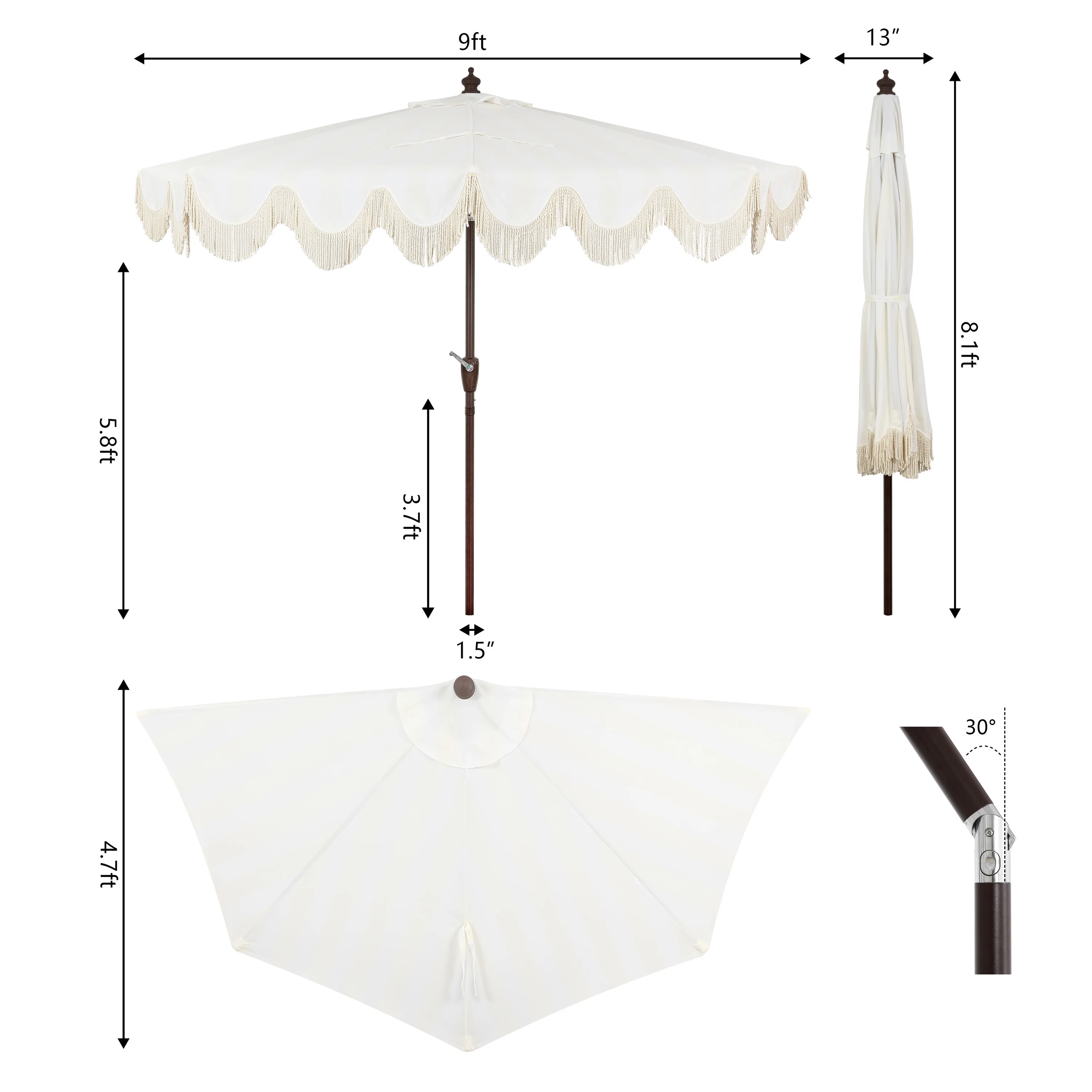 JONATHAN Y Beverly 9 ft. Half Market Patio Umbrella, Designer Classic Scalloped Fringe with Crank, Tilt Button and UV Protection, Blue/White/Cream, Dark Brown Pole - Image 47