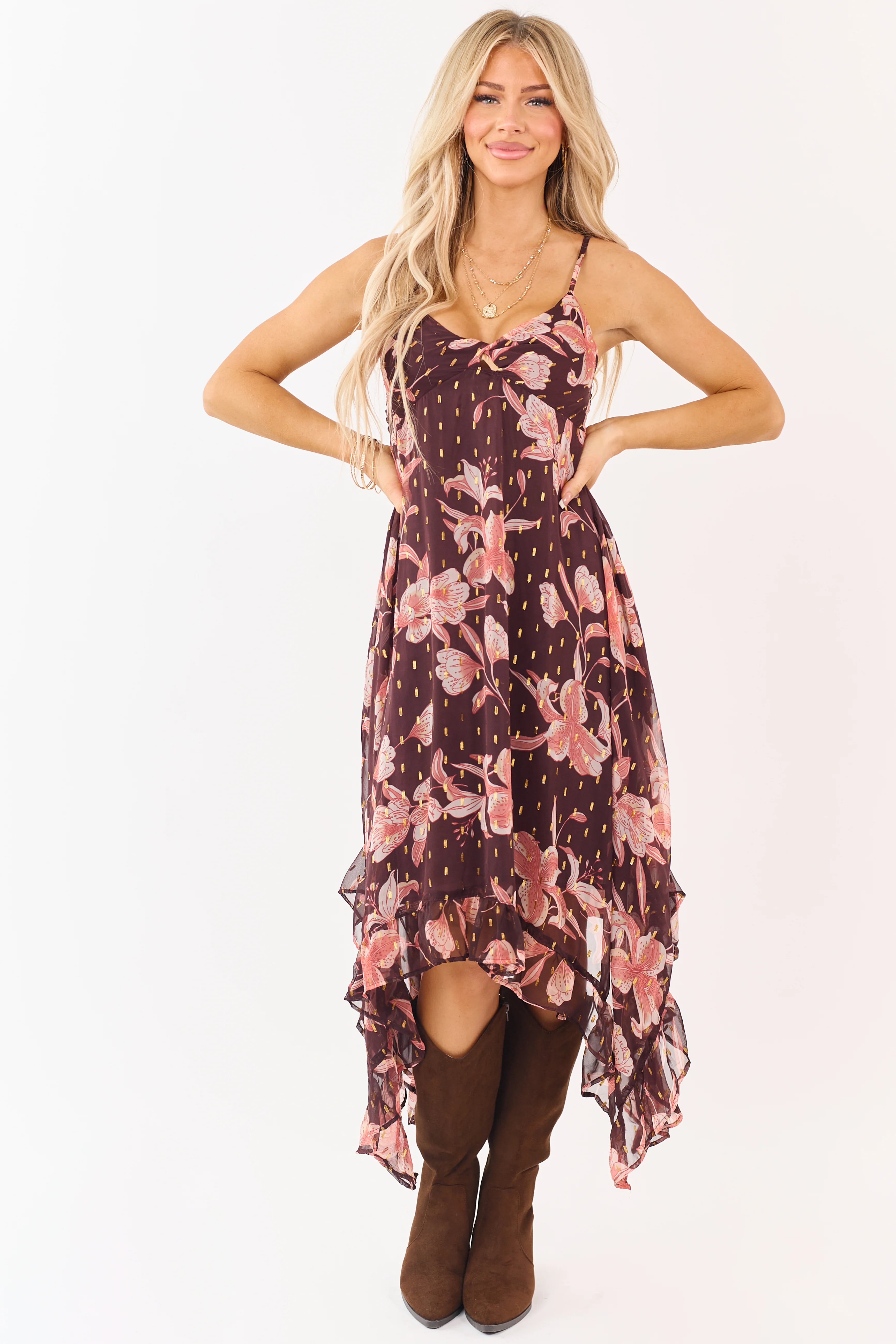 Chocolate Floral Print Lurex Swiss Dot Maxi Dress
