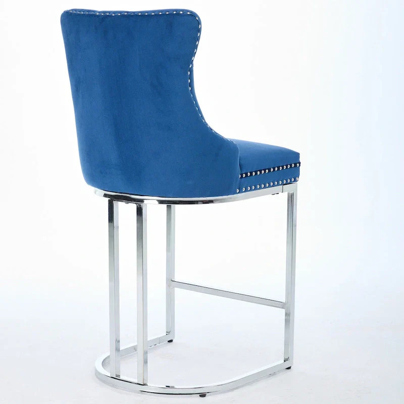 Contemporary Set of 2 Bar Stools with Button-Tufted Back and Studded Trim, Chrome Metal Base - Ideal for Dining Room, Living Room, and Bedroom