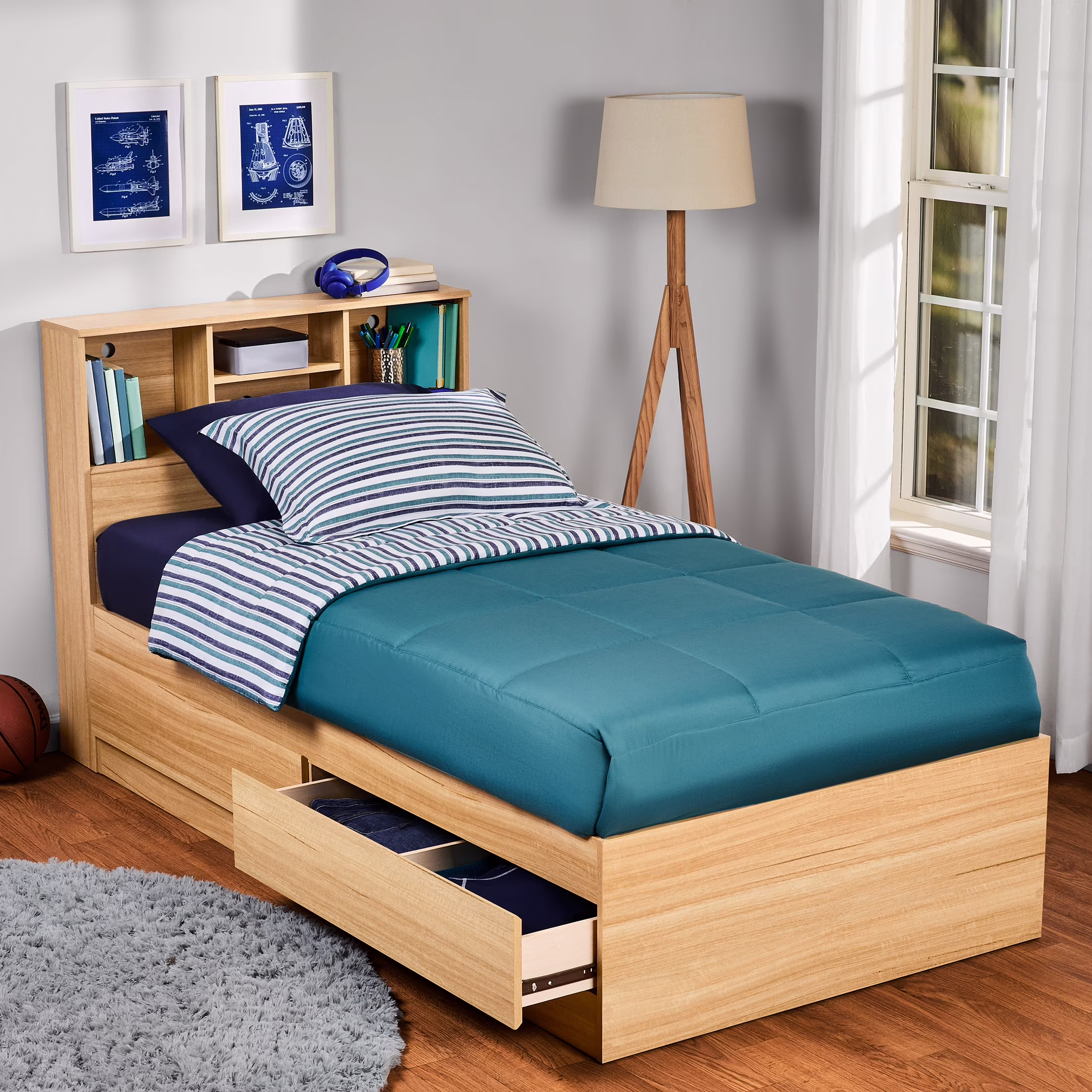 Your Zone Easy to Assemble Storage Bed with Bookcase Headboard, Twin, Natural Teak Finish(Bourbon Oak)