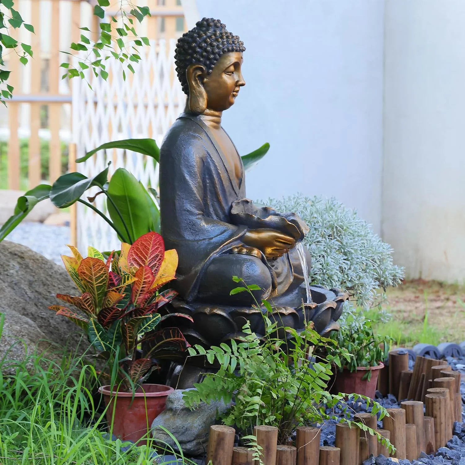Buddha Water Fountain Outdoor Large Sitting Lotus Base Waterfall Fountains Zen Water Feature Indoor with LED Light for Garden Patio Backyard Deck Lawn Porch Balcony Home 45 inches Gold - Image 5