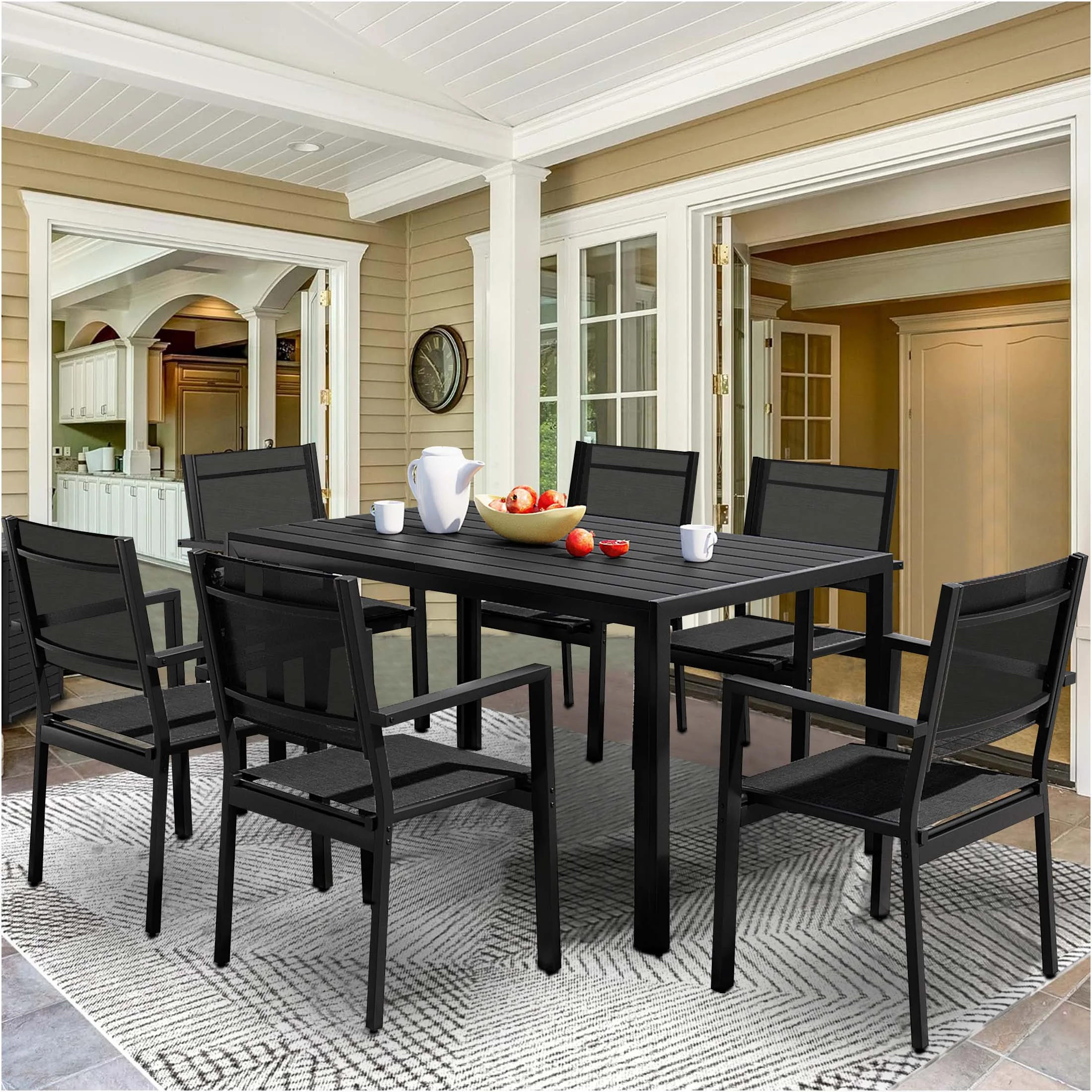 7 Piece Outdoor Dining Set, Patio Dining Table Set for 6 Persons, Garden Patio Textilene Dining Furniture Set with Plastic-Wood Tabletop, Dining Table Chairs Conversation Set for Deck Patio - Image 13