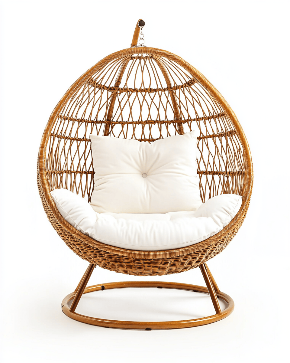 Silla colgante tipo cápsula de ratán sintético – estructura metálica – con cojines blancos – uso interior y exterior