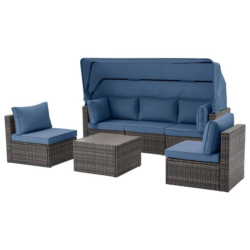 Conjunto Seccional de Sofá de Ratán Gris para Patio Exterior de 6 Piezas con Cojines Azules, Capota Ajustable y Respaldo Reclinable para Jardín su3847179