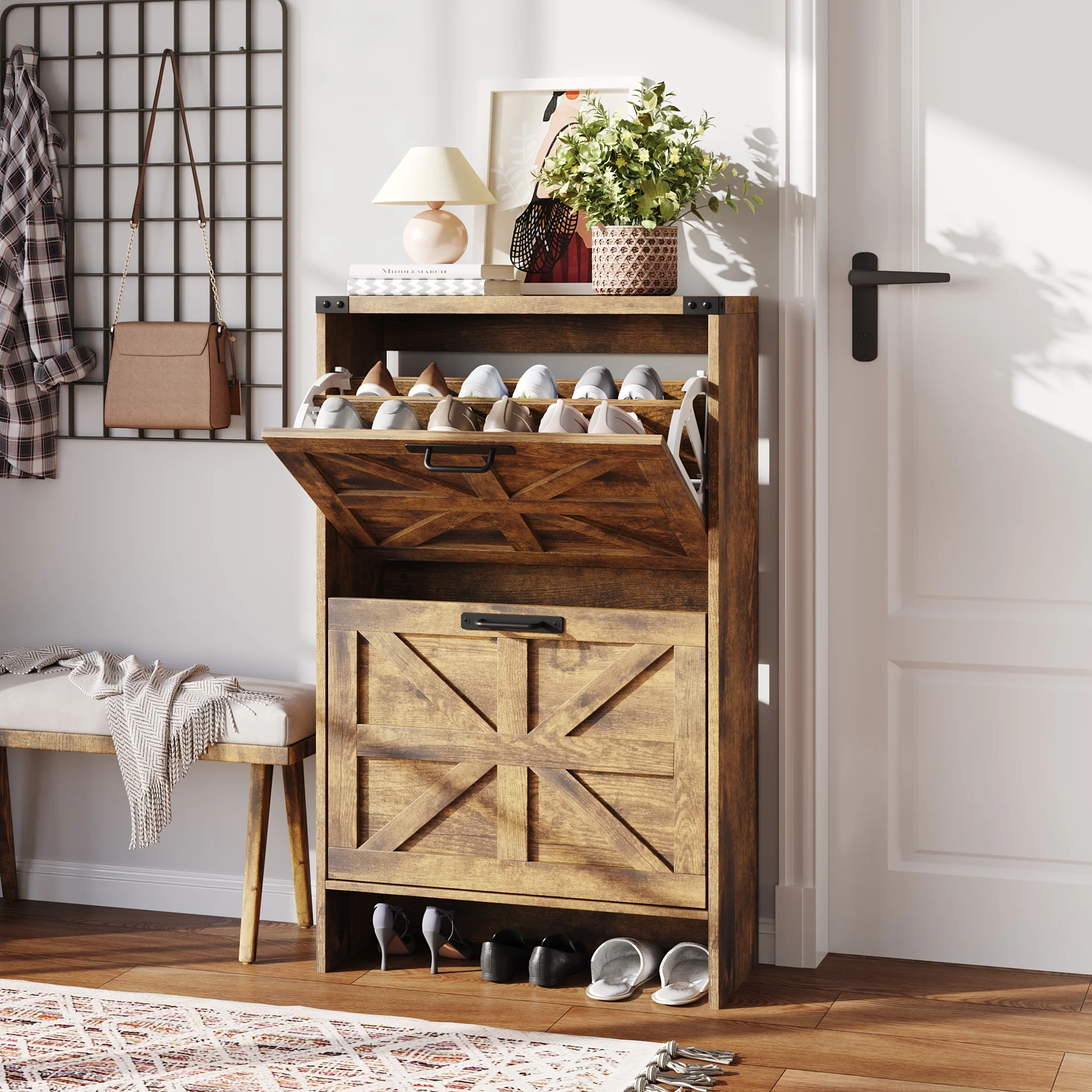 VEANERWOOD Shoes Storage Cabinet With Doors, Farmhouse Shoe Cabinet With 2 Flip Drawers For Entryway,Gray - Image 14