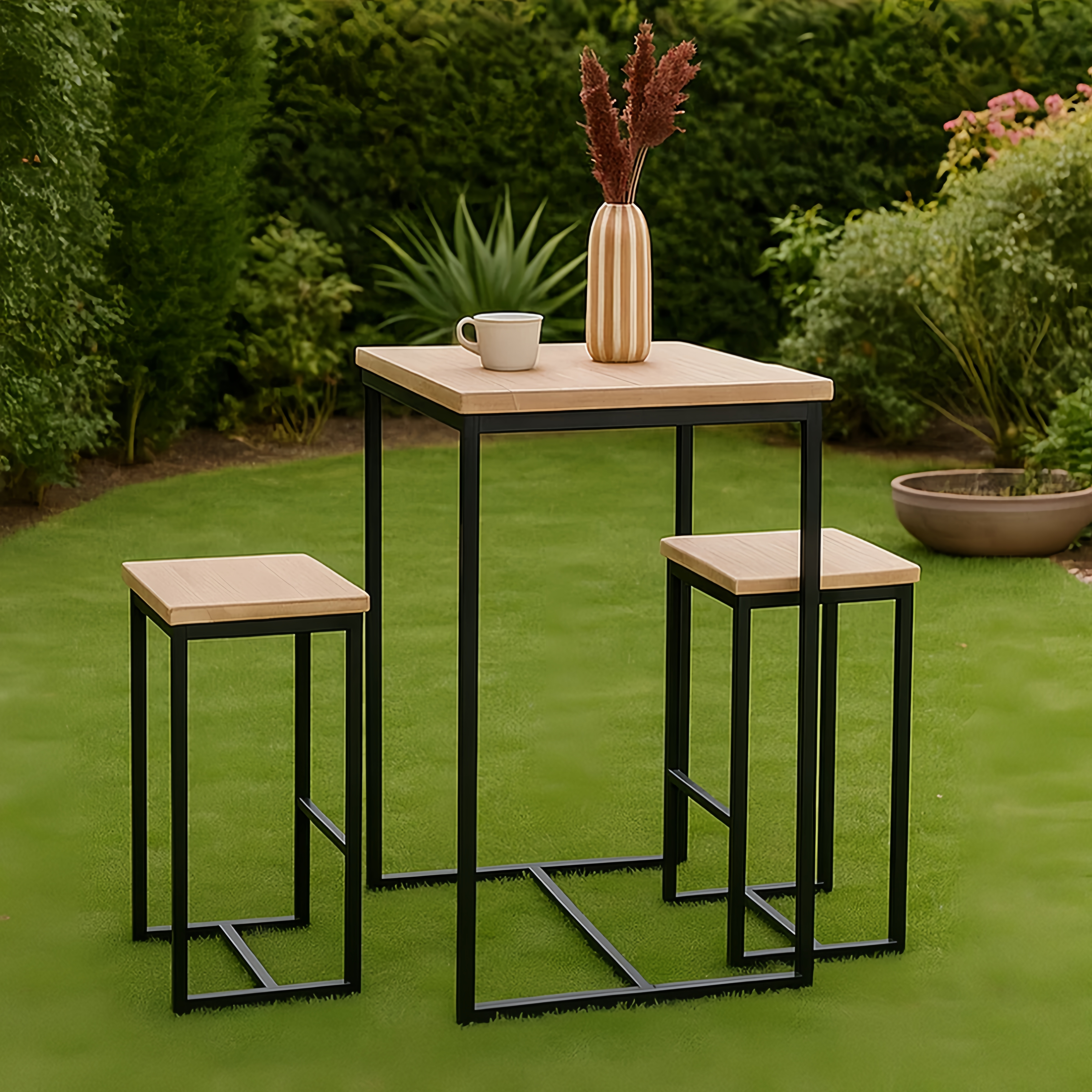 Conjunto de bar para jardín 3 pzas madera sintética y metal negro – mesa alta y 2 taburetes