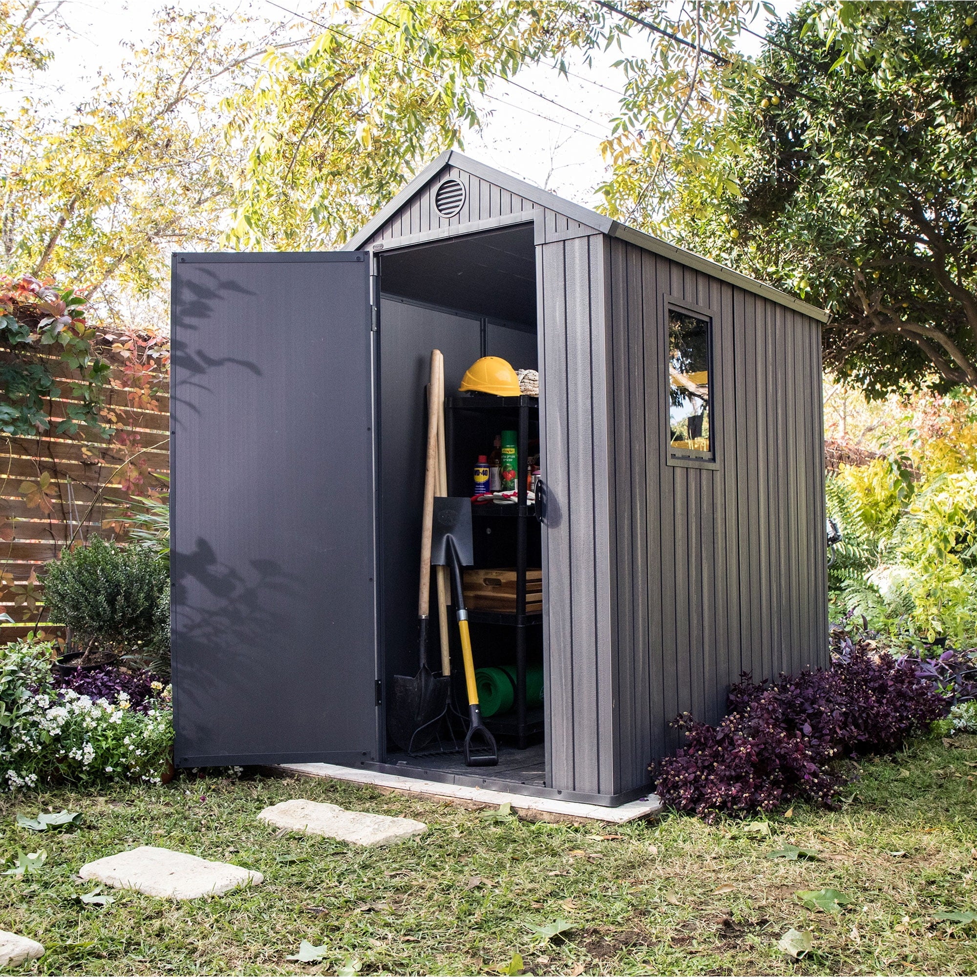 Keter Darwin 4' x 6' Outdoor Garden Tool Storage Shed w/ Window, Graphite - Image 5