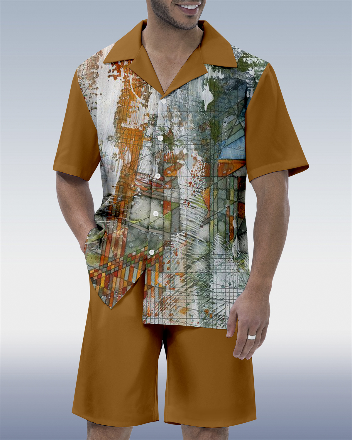 Men's Ombre Contrast Ethnic Print Hawaiian Vacation Short Sleeve Suit 067
