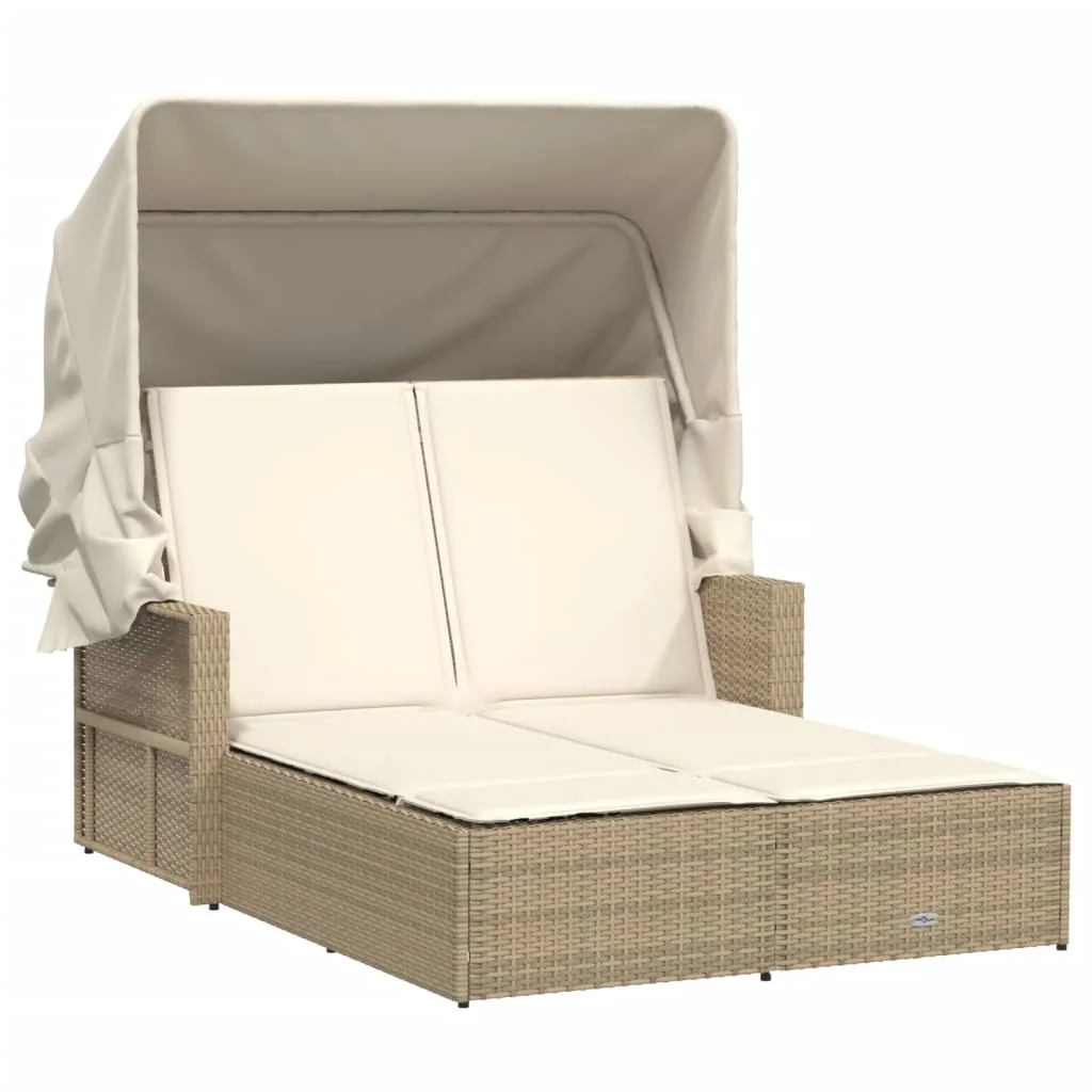 vidaXL Powder Coated Steel Removable Canopy and Cushions Double Sun Lounger, Beige - Image 45