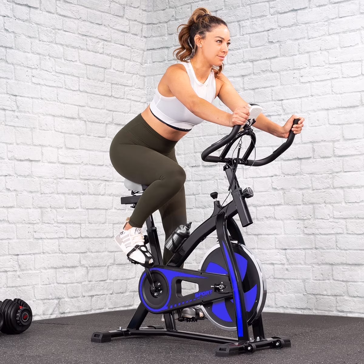Xtremepowerus Stationary Exercise Bicycle Bike Cycling Cardio Health Workout Fitness with Bottle Holder Heart Pulse, Blue(Steel, Metal/Blue)