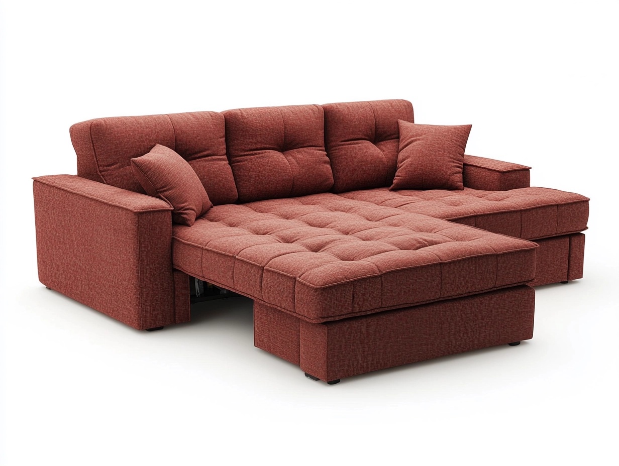 Sofá cama convertible tela roja con chaise longue y cojines 200x140x90 cm