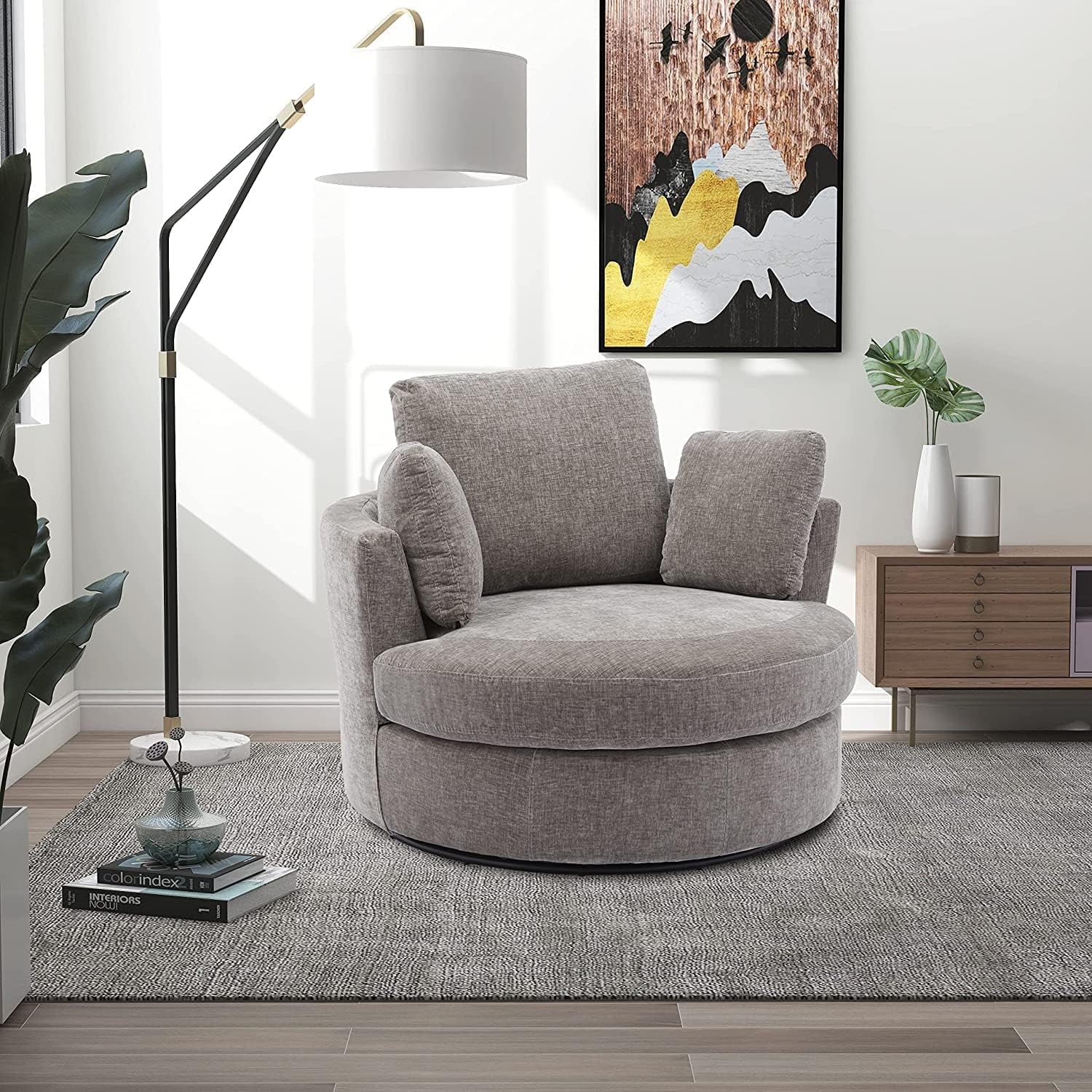 42" W Small Loveseat Sofa Couch, Swivel Barrel Chairs for Bedroom 360 Degree Swivel Accent Chairs for Living Room, Chenille Fabric Club Chair Chaises Lounges for Living Room/Office/Hotel, Grey - Image 6