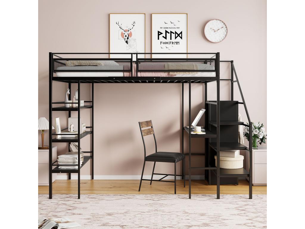 Cama infantil 90*200 cm, tres estantes de almacenamiento, escritorio, armario, con escalera de seguridad, barandilla alta, negro