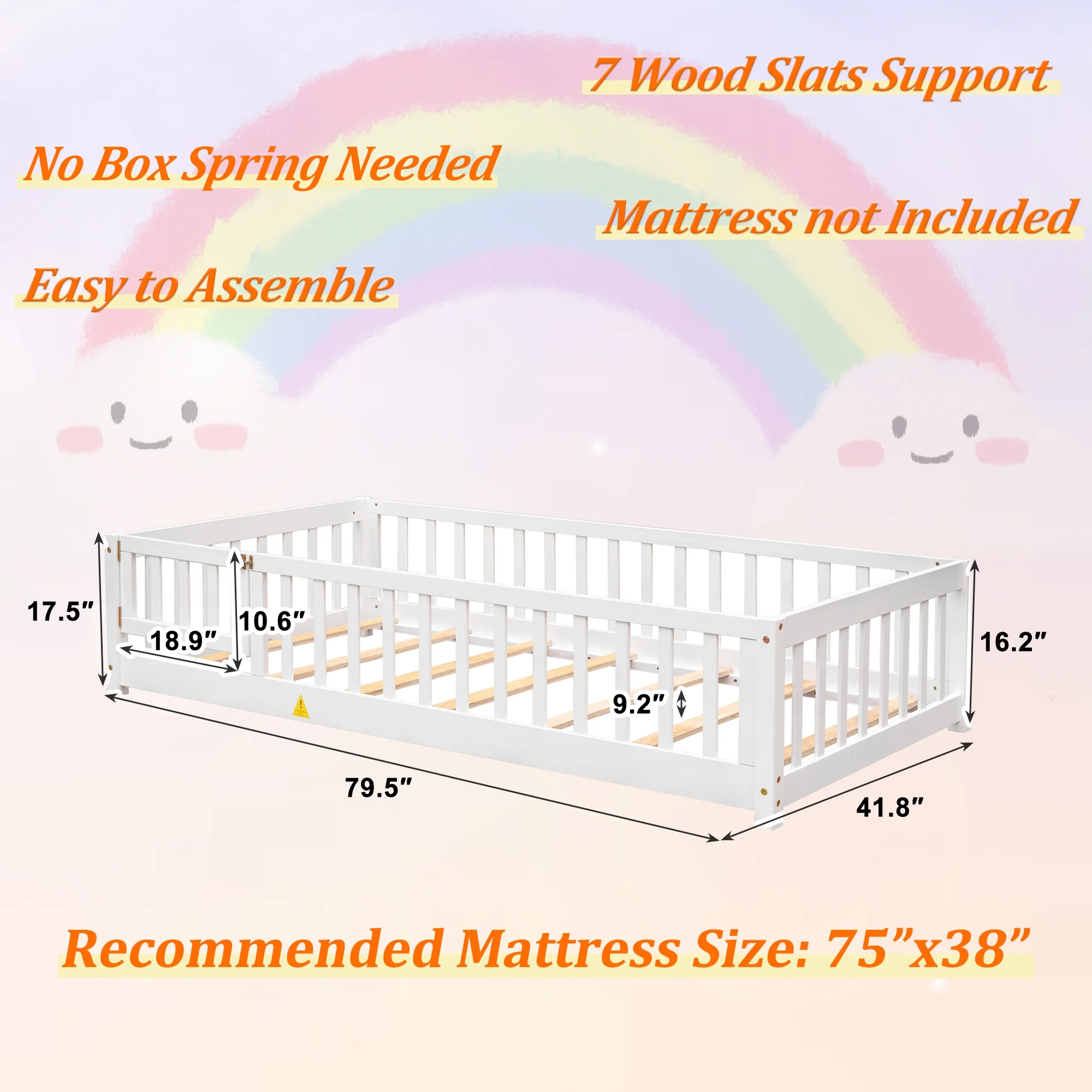 UHOMEPRO Twin Size Floor Bed with Door and Fence, Montessori Floor Bed with Slats and Safety Guardrails, Solid Wood Twin Bed Frame for Bedroom, White - Image 7