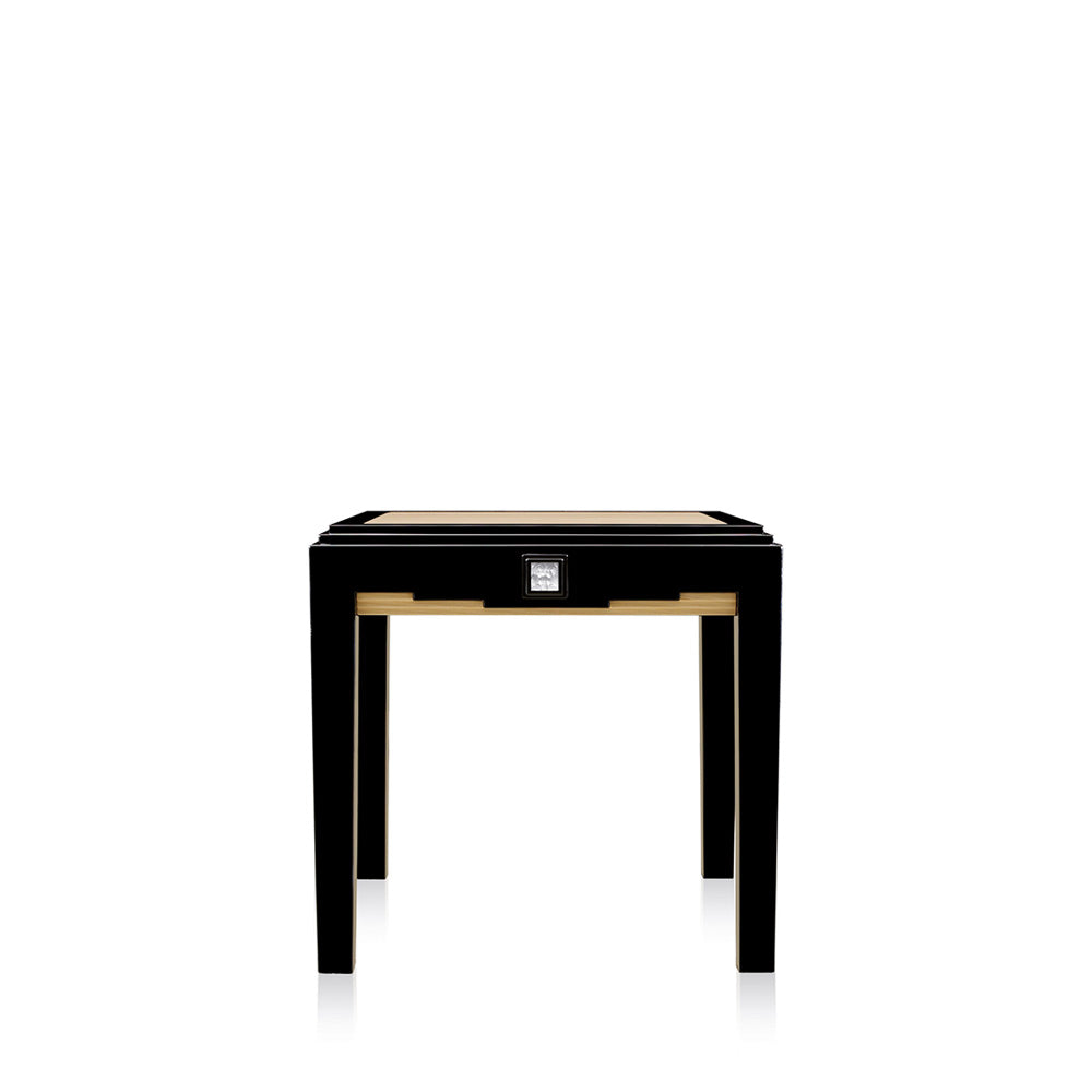 TABLE D'APPOINT MASQUE DE FEMME - CRISTAL INCOLORE, LAQUÉ NOIR ET FRÊNE IVOIRE, GRAND MODÈLE