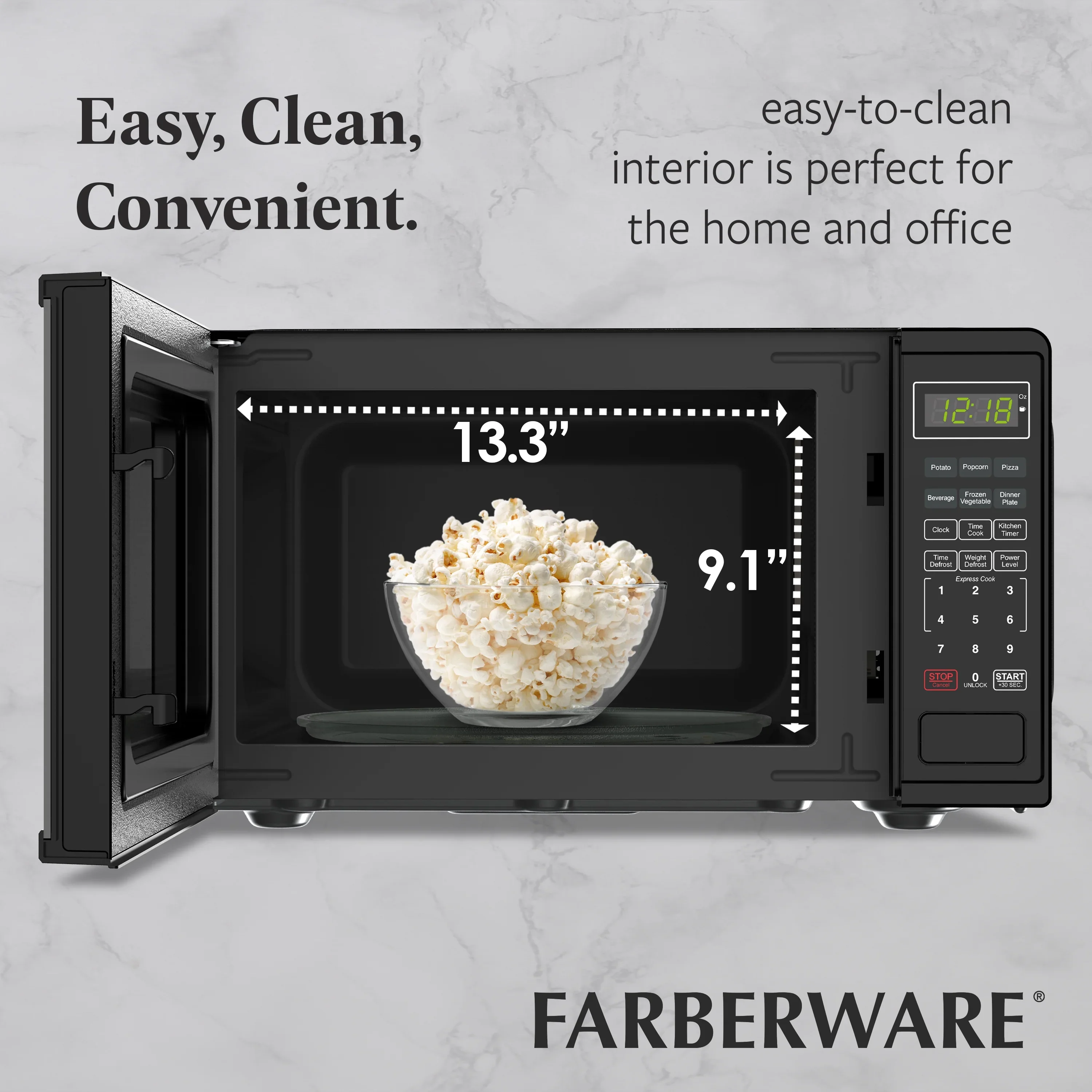 Farberware FMGZ09BKA 0.9 Cu. Ft. Microwave Oven, 900W, Digital Control, LED Display, 6 Cooking Presets, Black