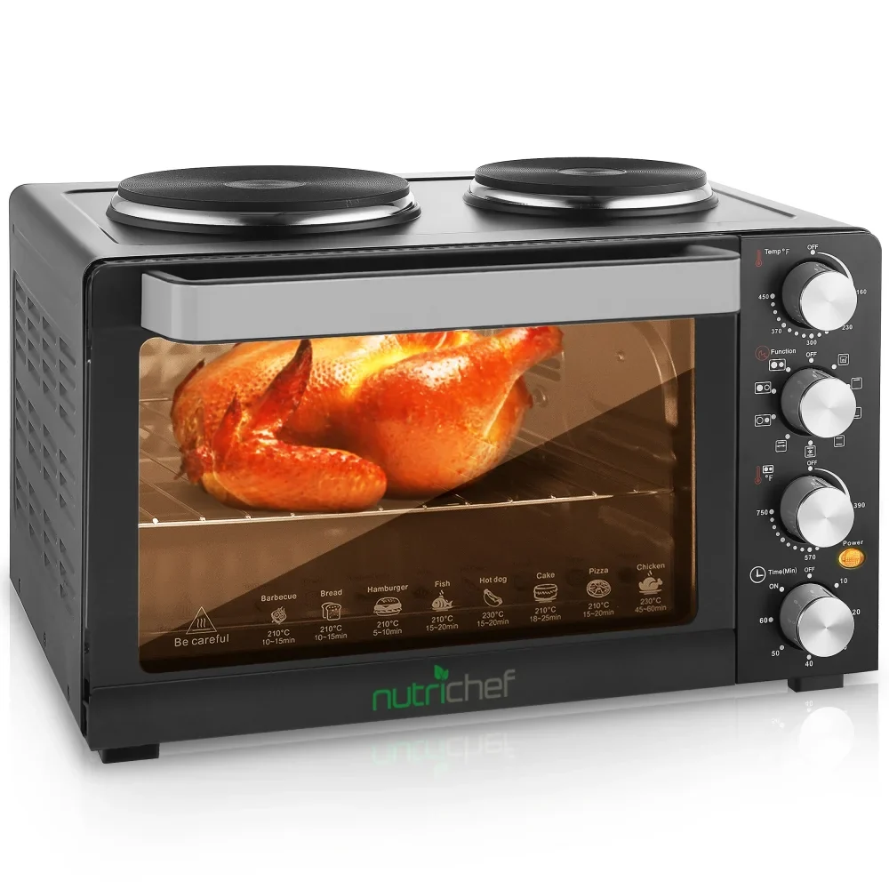 NutriChef 30 Quart Kitchen Convection Oven & 2 Burner Cooker - 1500 Watt Oven - 7 Cook Functions Rotisserie, Cook, Bake, Broil & More - Includes Baking Tray, Skewers & Handles - 19.6 x 16.0 x 13.5 IN
