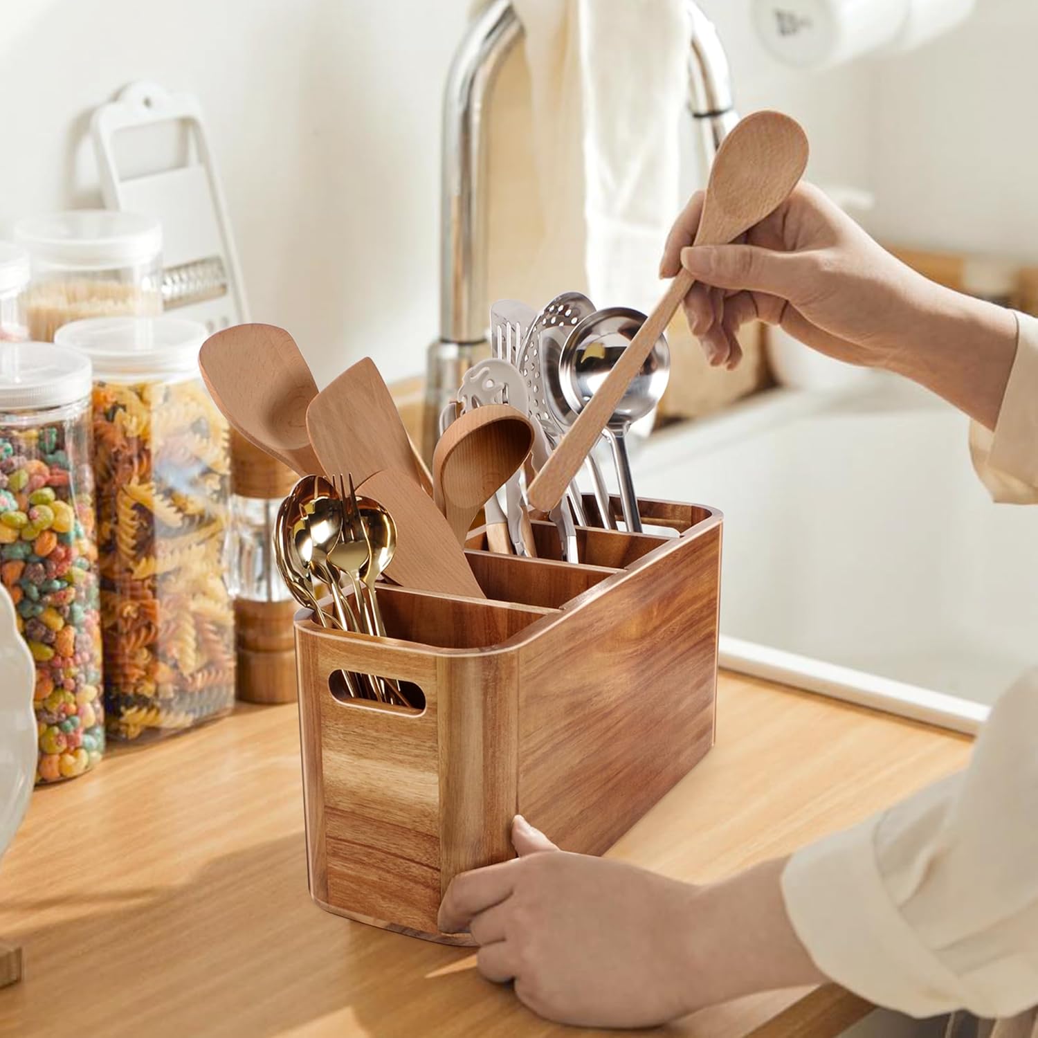 Wooden Utensil Holder for Kitchen Counter, Large Utensil Organizer for Storage Cooking & Silverware with 4 Compartment, Acacia Rustic Wood with Diatomaceous Earth Base Matte