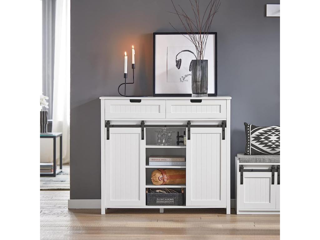 Aparador Recibidor con Puerta corrediza de Granero Armario de Almacenamiento Compartimento Abierto Blanco 104 x 35 x 93 cm FSB74-W Homelyvo