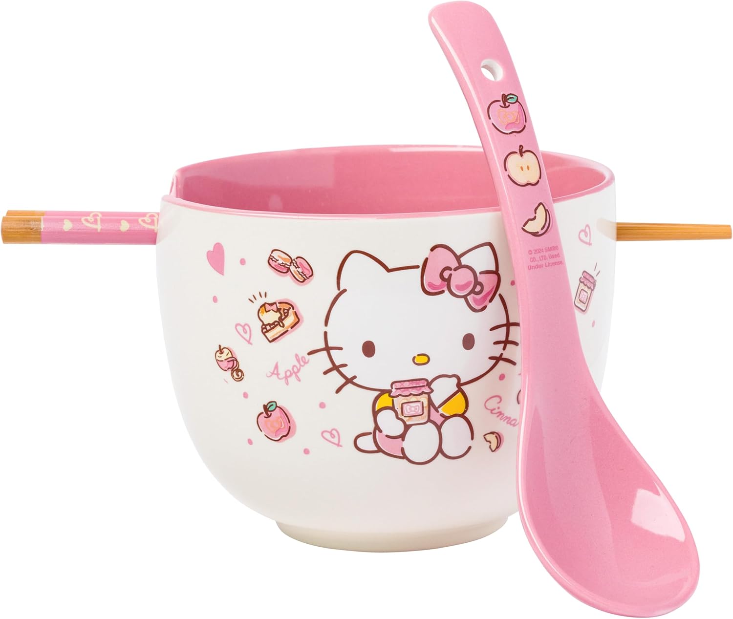 Silver Buffalo Sanrio Hello Kitty Face with Different Color Bows Pattern Ceramic Ramen Noodle Rice Bowl with Chopsticks, Microwave Safe, 20 Ounces