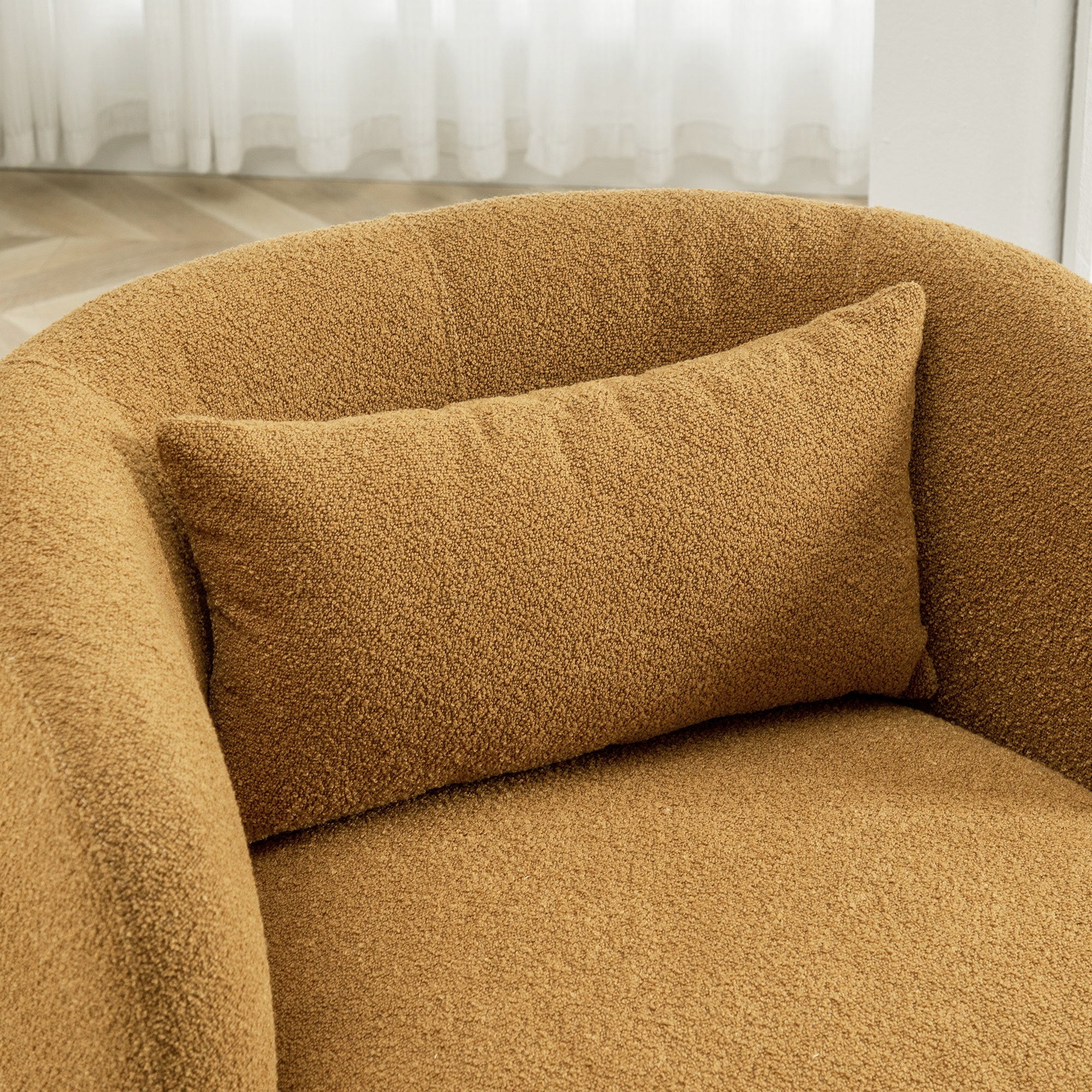 34" Wide Boucle Swivel Barrel Chair, No Assembly Round Upholstered Armchair Accent Chair Single Sofa Chair with Toss Pillow for Living Room and Bedroom, Taupe - Image 40