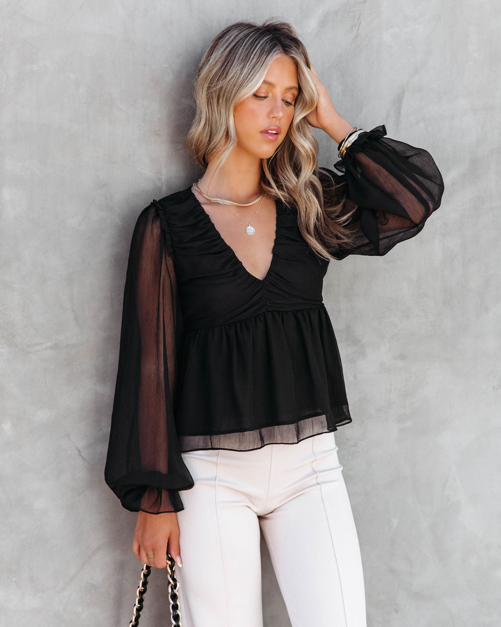 Into The Night Drape Chiffon Top - Black - Se7enfashion