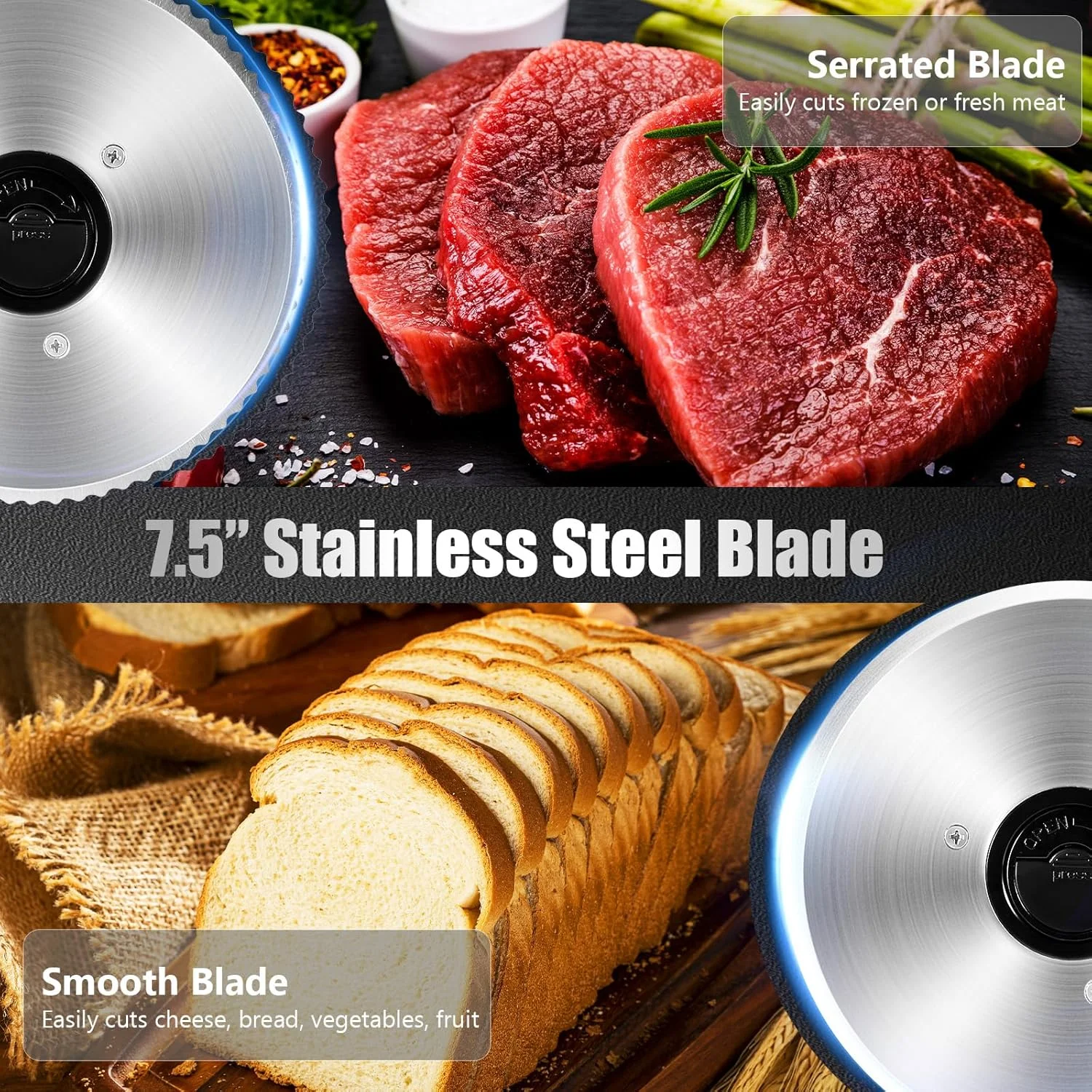 OSTBA Meat Slicer with Quiet DC Motor, 200W Electric Deli Slicer, Dual 7.5'' Stainless Steel Blades, 0-15mm Adjustable Thickness, Easy to Clean, Ideal for Meat, Cheese, Bread, and Vegetables - Image 5