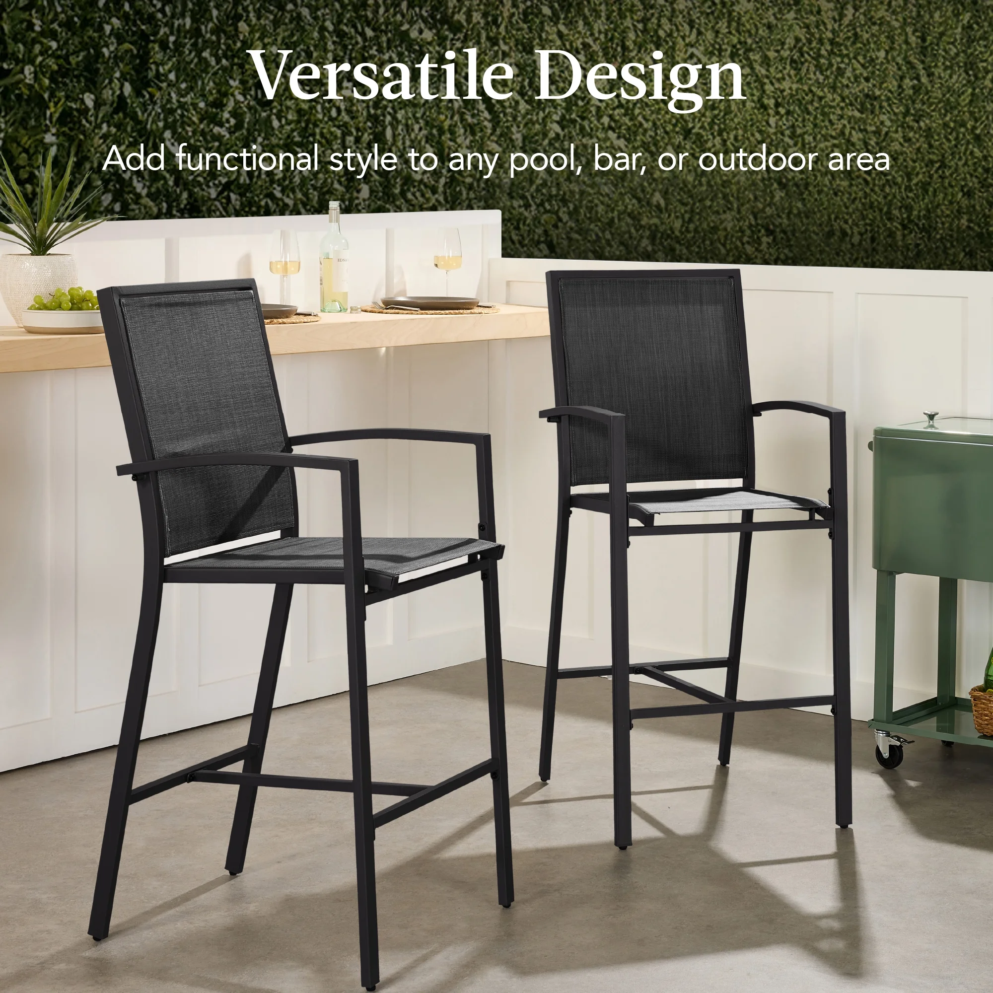 Best Choice Products Outdoor Barstools Set of 2, Bar Height Patio Chairs w/ All-Weather Mesh - Black/Black - Image 12