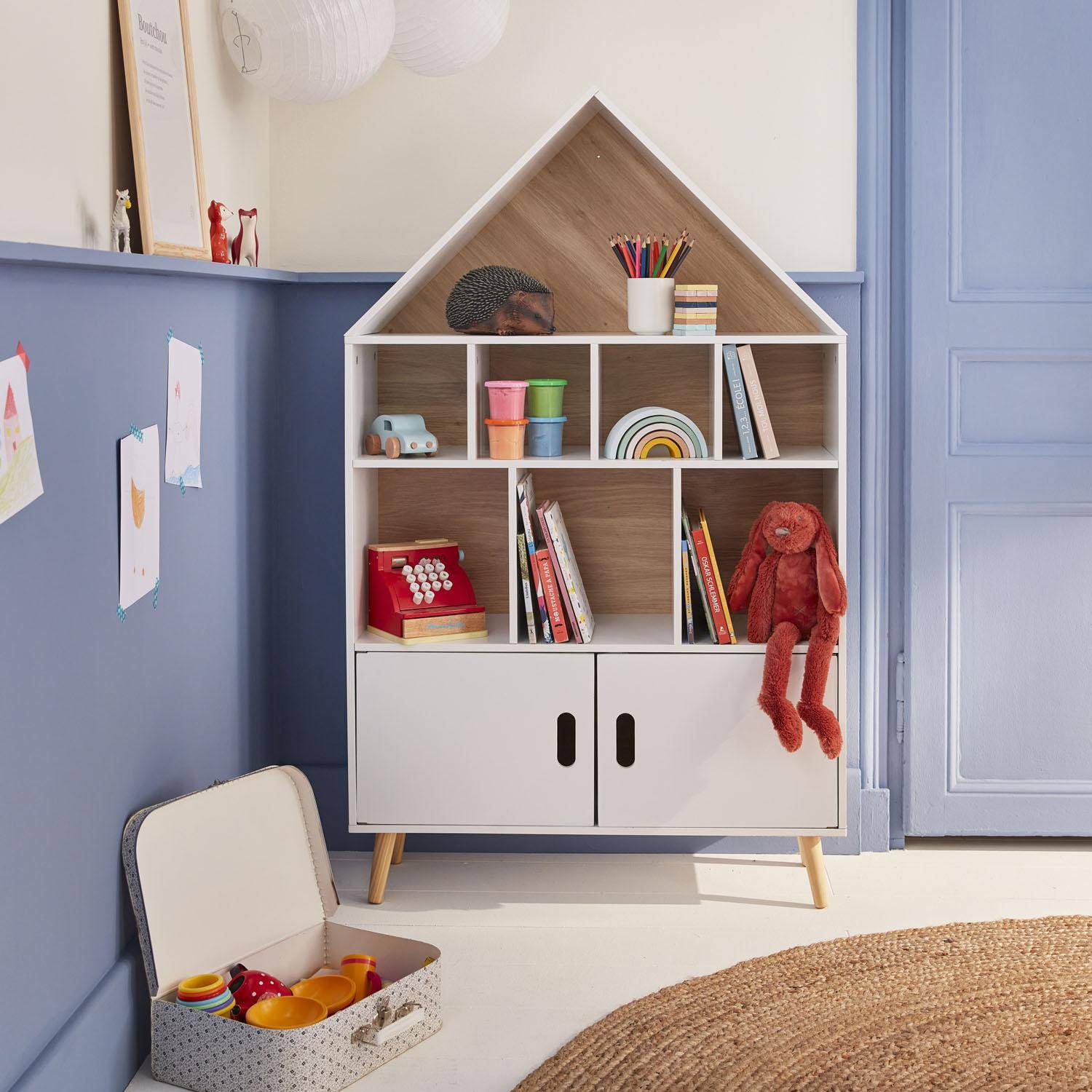Tobias - Librería infantil de madera con 8 compartimentos y 2 puertas