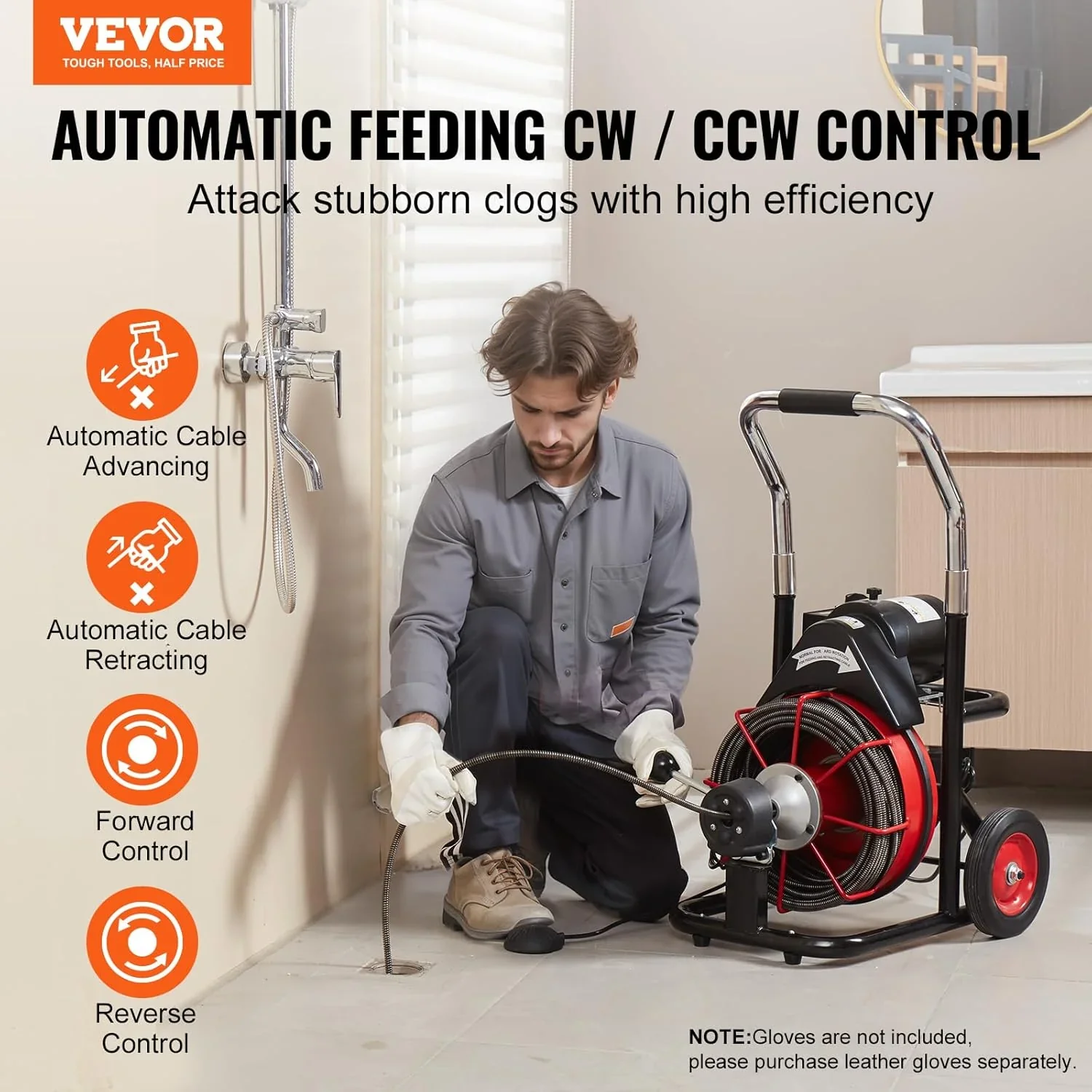 Drain Cleaner Machine 100FT x 1/2 Inch, Auto Feed Sewer Snake Auger on Wheels, 550W Portable Drain Cleaning Machine with 8 Cutters & Air-activated Foot for 2" to 4" Pipes