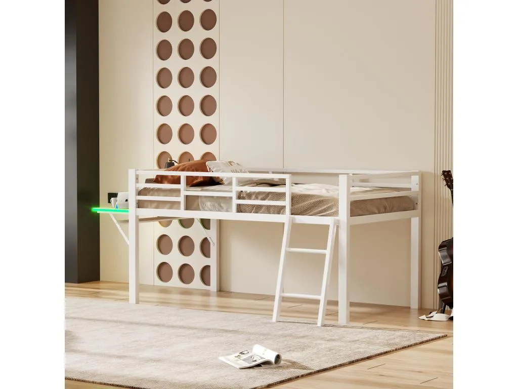 Cama alta de metal de 90x200 cm con led - con escritorio abatible y somier de láminas - Cosinor ogk3727164