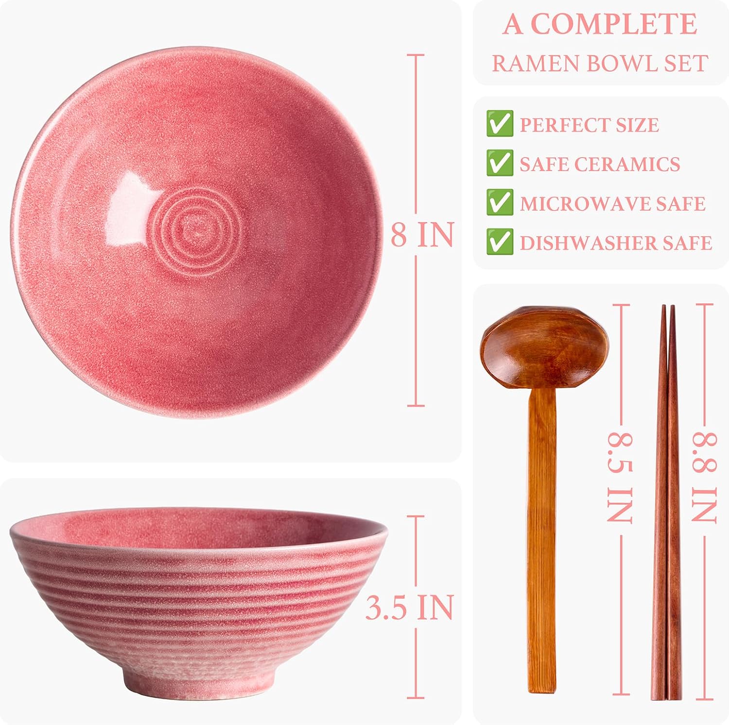 40oz Japanese Ceramic Ramen Bowl Set of 2 with Chopsticks and Spoons for Pho Udon Asian Soup Noodles (Pink)