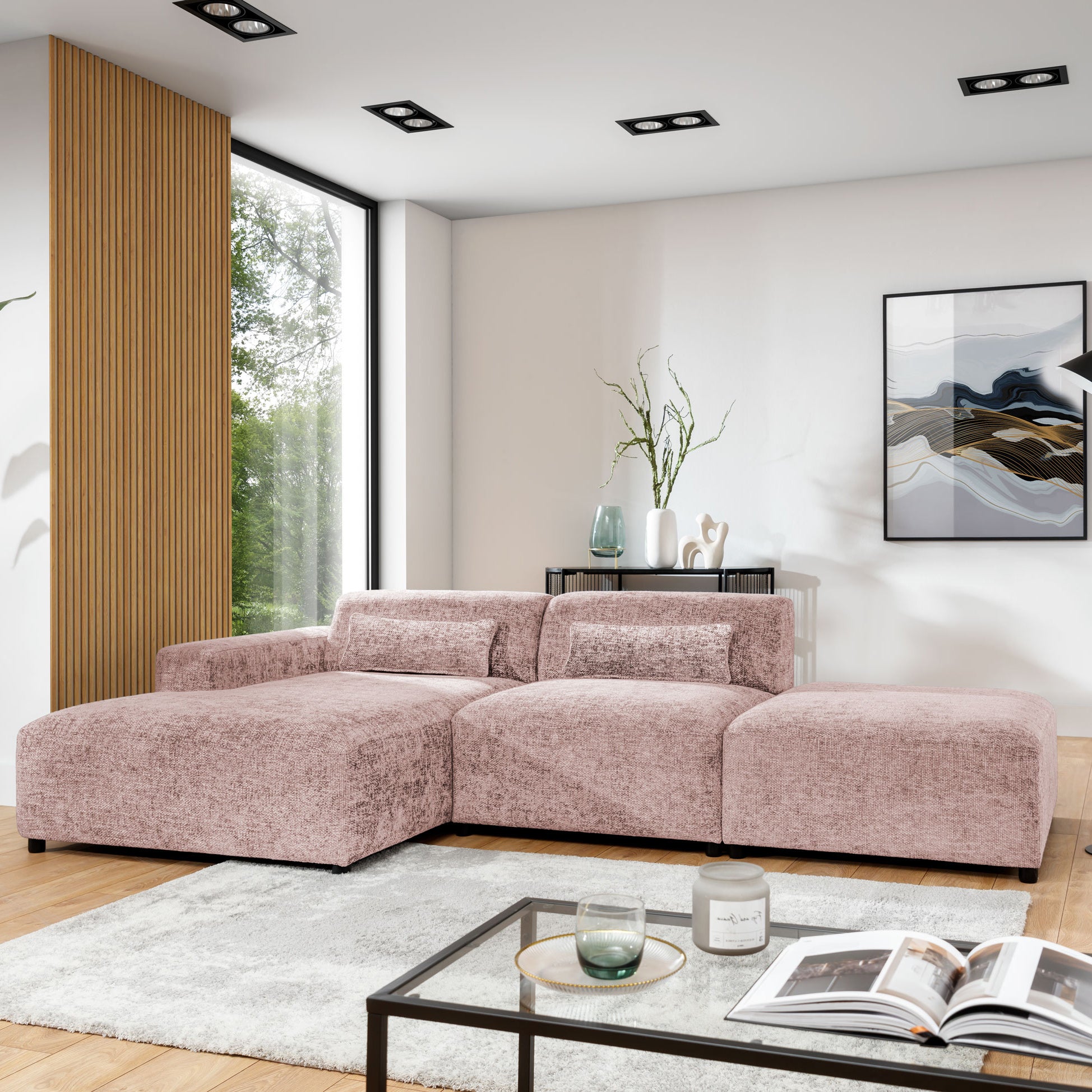 Blokker Velura Hoekbank Links met Hocker - Chenille - Oudroze