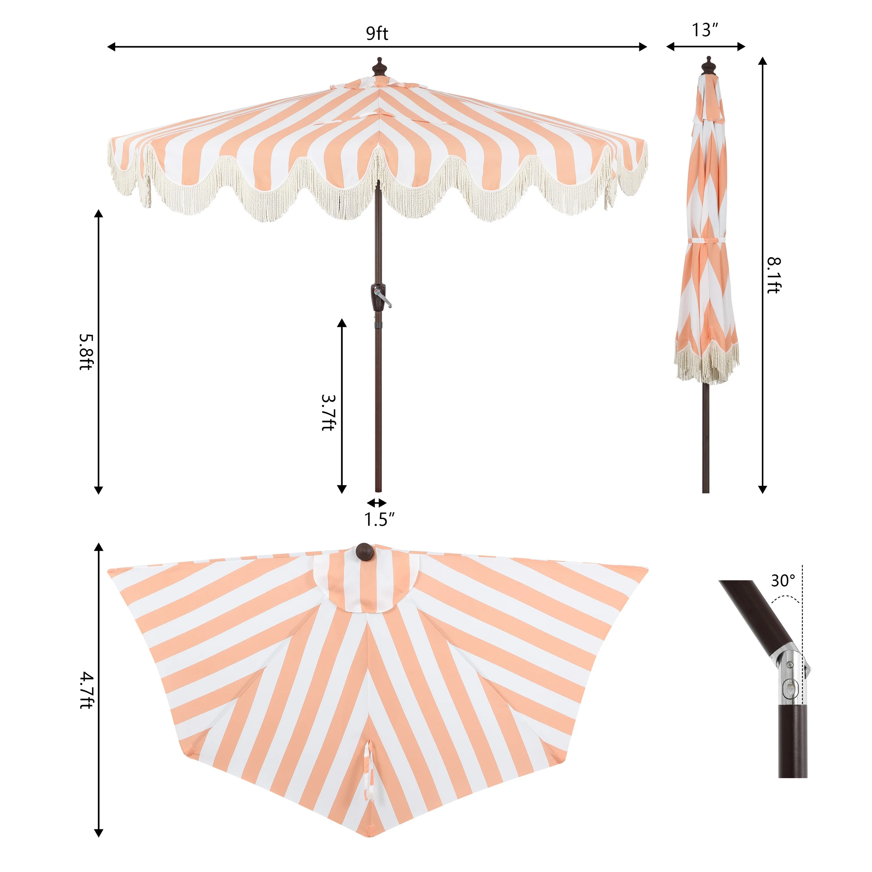 JONATHAN Y Beverly 9 ft. Half Market Patio Umbrella, Designer Classic Scalloped Fringe with Crank, Tilt Button and UV Protection, Blue/White/Cream, Dark Brown Pole - Image 17