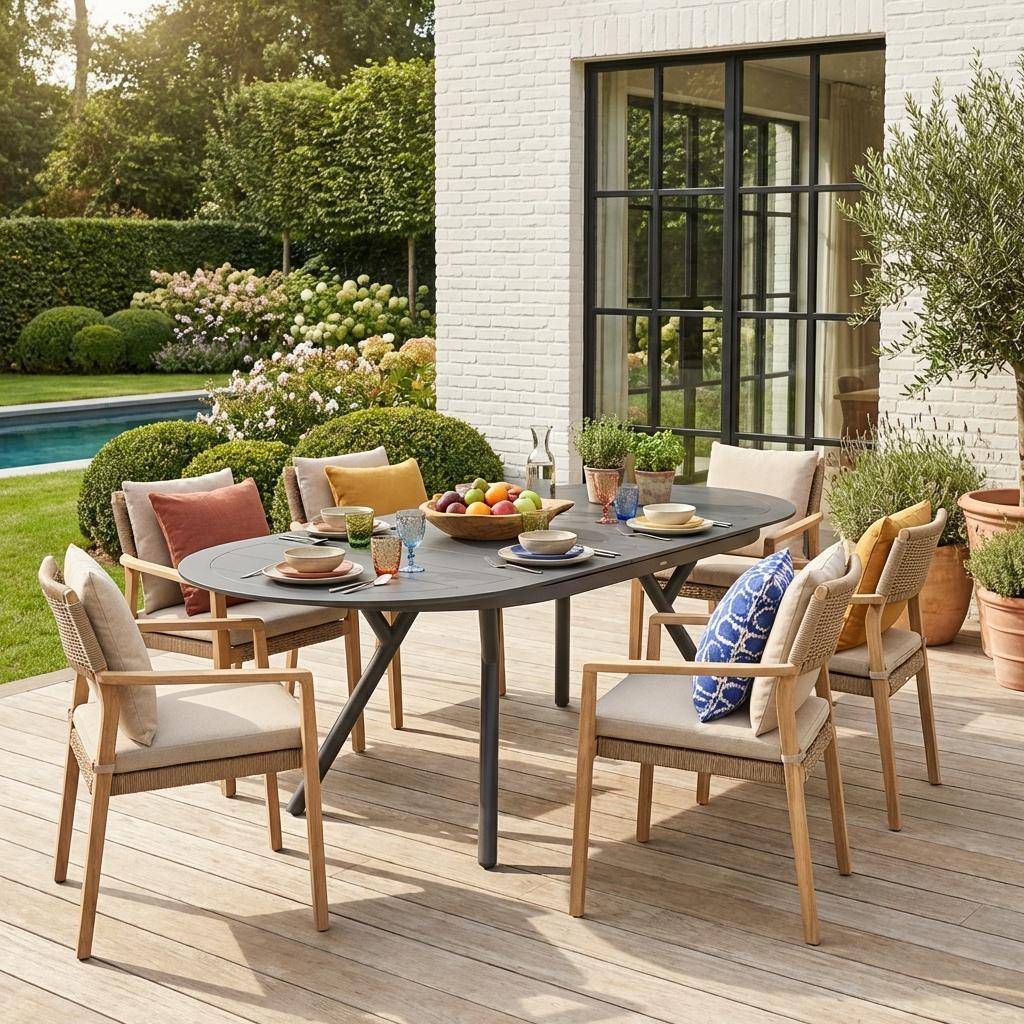 Metora - Mesa de jardín ovalada extensible de aluminio, 10 plazas