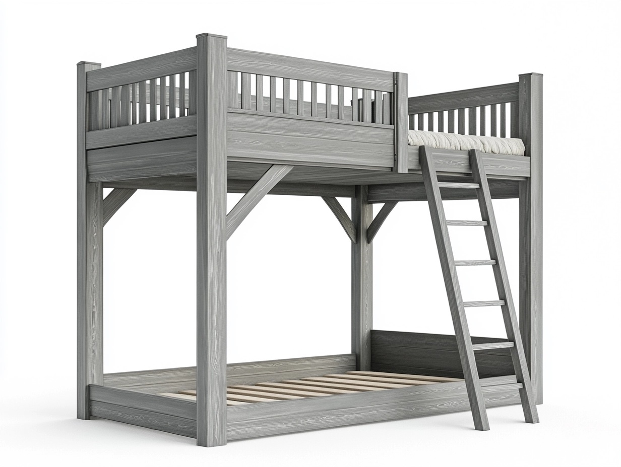 Litera de madera gris de 200x140 cm para dormitorio juvenil estilo moderno con escalera estructura robusta