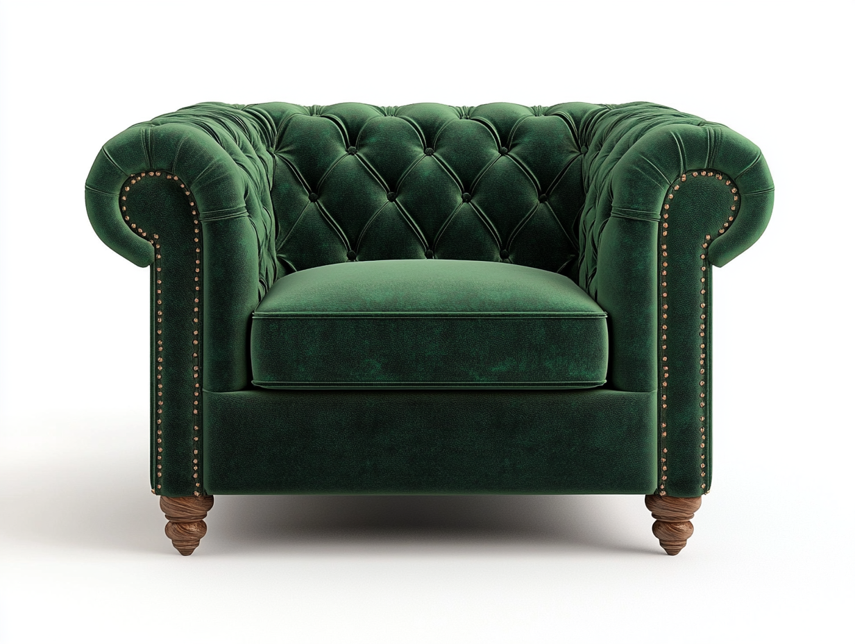 Sillón Chesterfield de terciopelo verde esmeralda con detalles en tachuelas, ideal para salón clásico y elegante