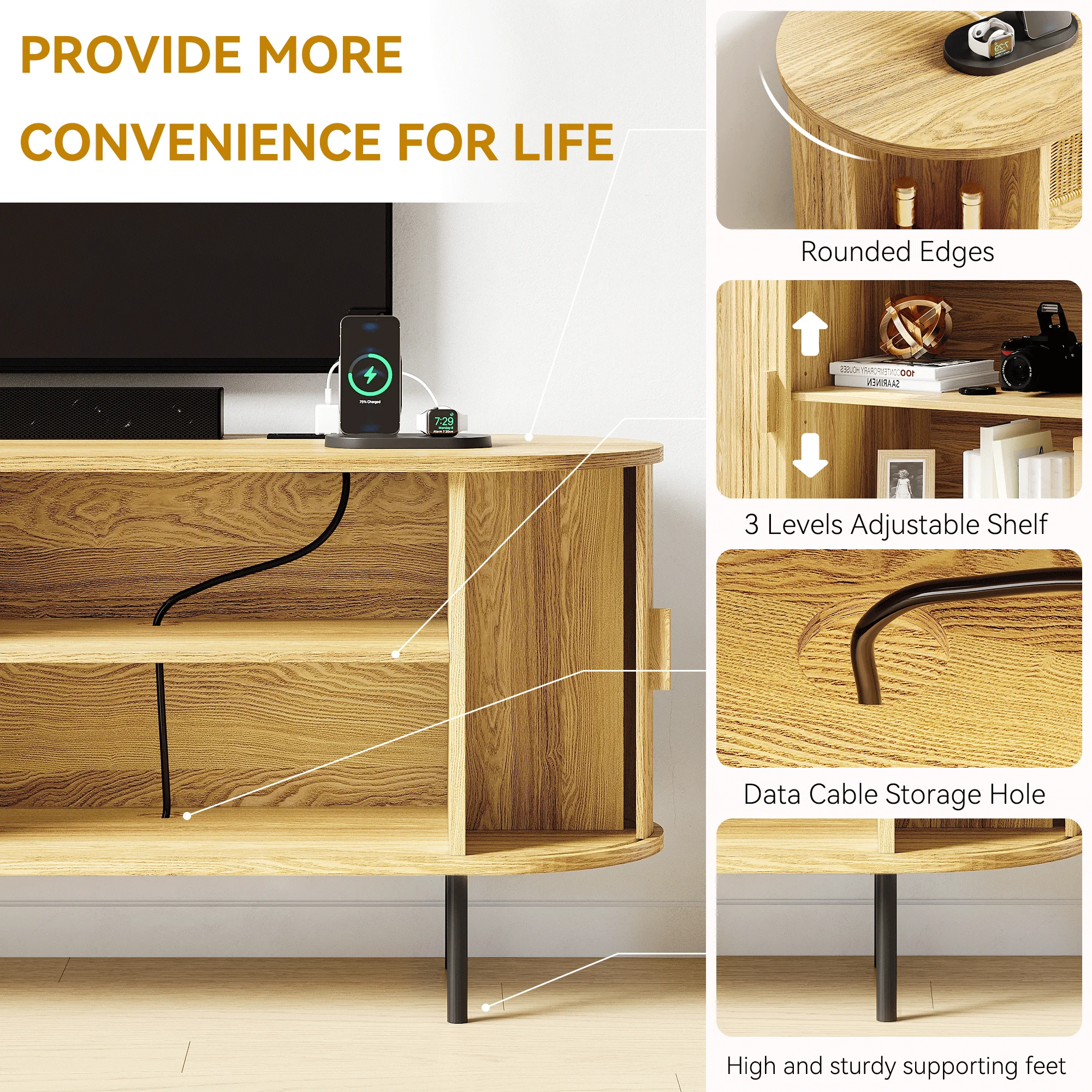 MARNUR 63" TV Stand for 70" TV, Wood Entertainment Center with Storage and Shelves, 2 Sliding Tambour Doors, Mid-Century Modern, Walnut - Image 16