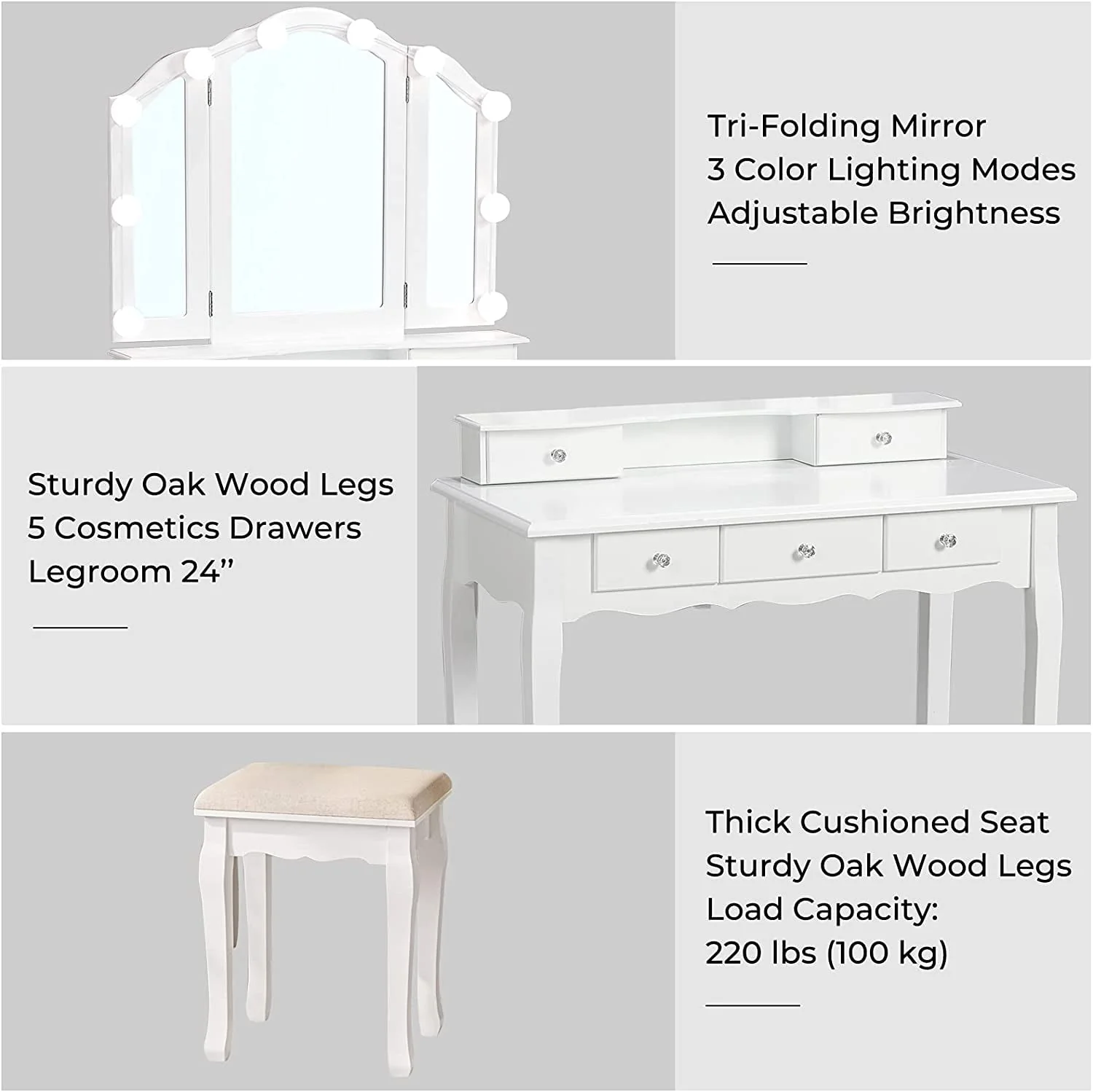 Makeup Vanity Set Desk Table with with Lights & Tri-Folding Mirror,Dressing Table with Cushion Stool & 5 Drawers, White - Image 11