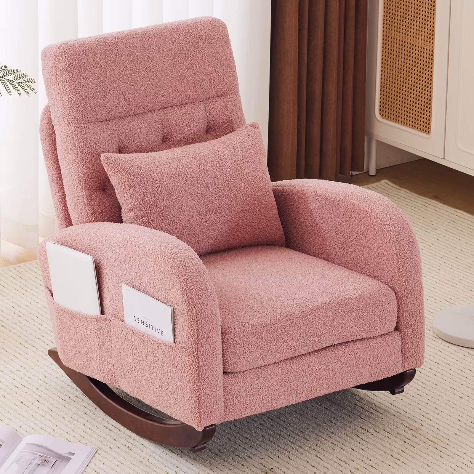 Ktaxon Rocking Accent Chair Glider Reading Chair Comfy Teddy Velvet Upholstered Single Sofa Rocker for Living Room, Nursery, Bedroom Beige - Image 13